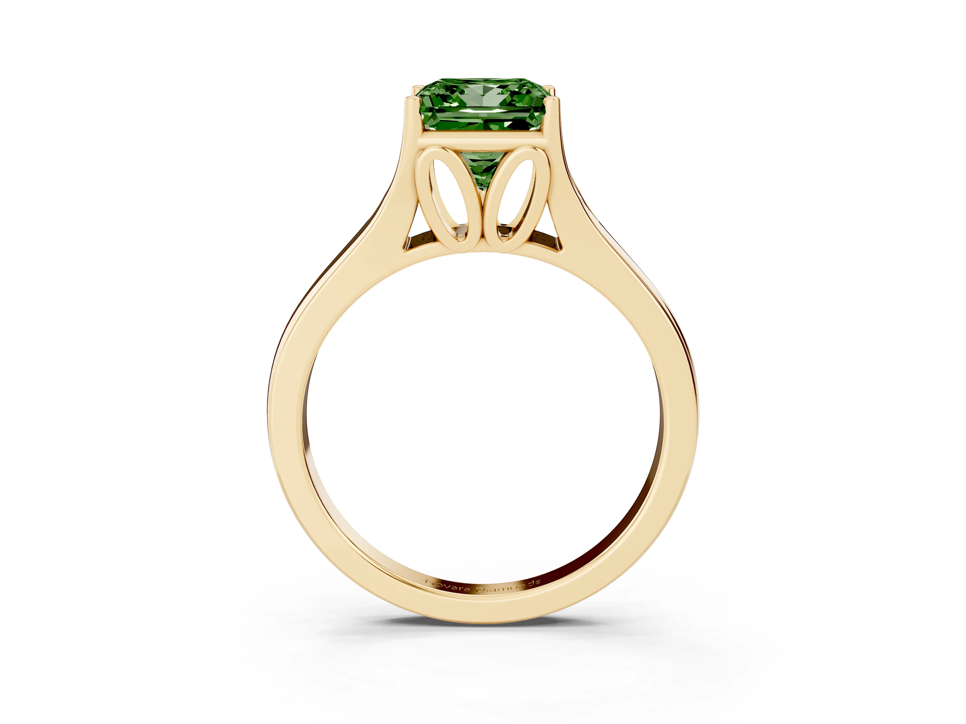 Fancy Green Princess Cut Diamond Solitaire Ring Set in Yellow gold with Arched Cathedral Band and Prong Setting