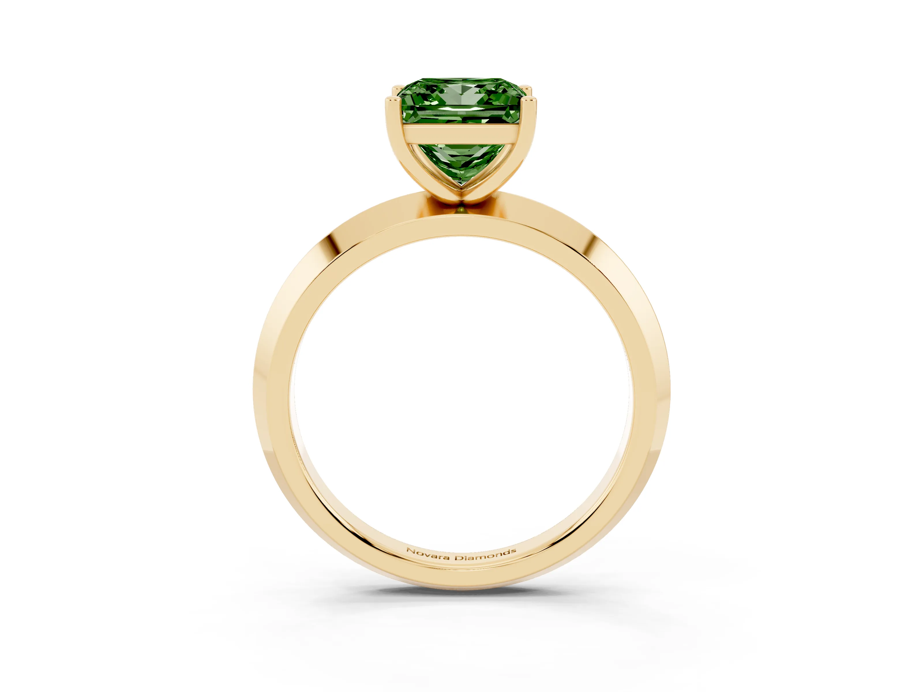 Fancy Green Princess Cut Diamond Solitaire Engagement Ring Set in Yellow gold with Flat Band and Prong Setting