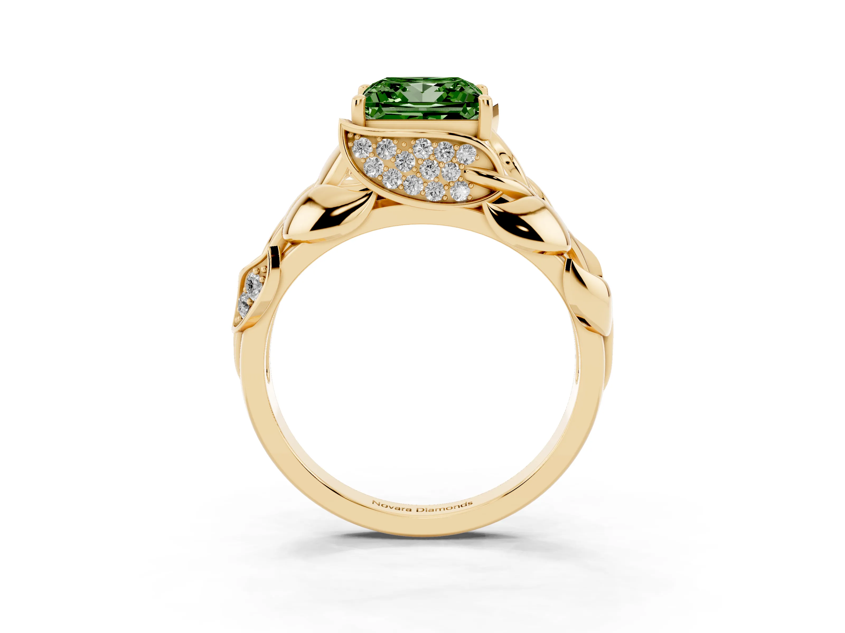Fancy Green Princess Cut Diamond Leaf-Inspired Engagement Ring Set in Yellow gold with Round Accents
