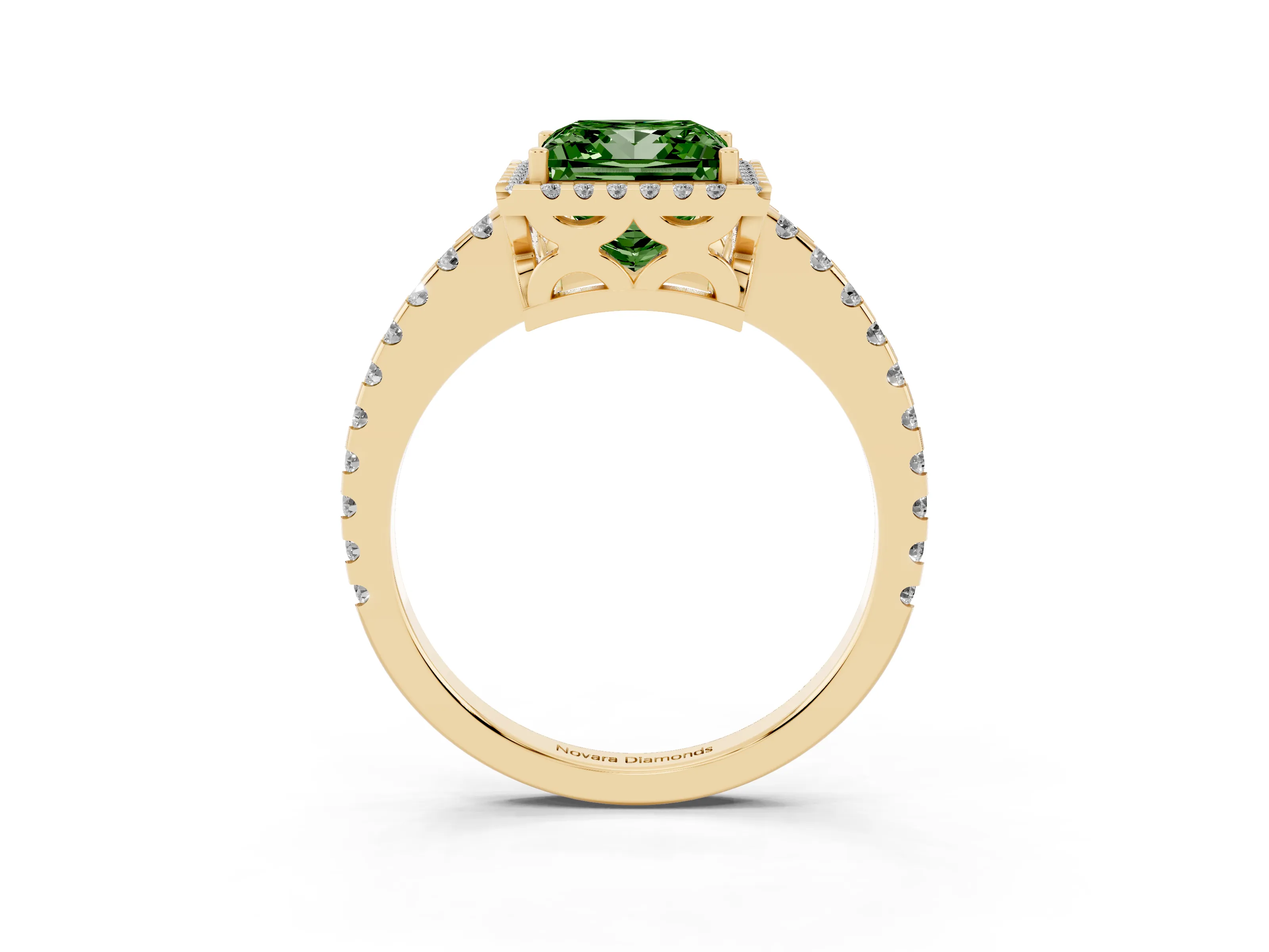 Fancy Green Princess Cut Diamond Halo Ring Set in Yellow gold with Pavé Shoulders and Halo-Framed Center