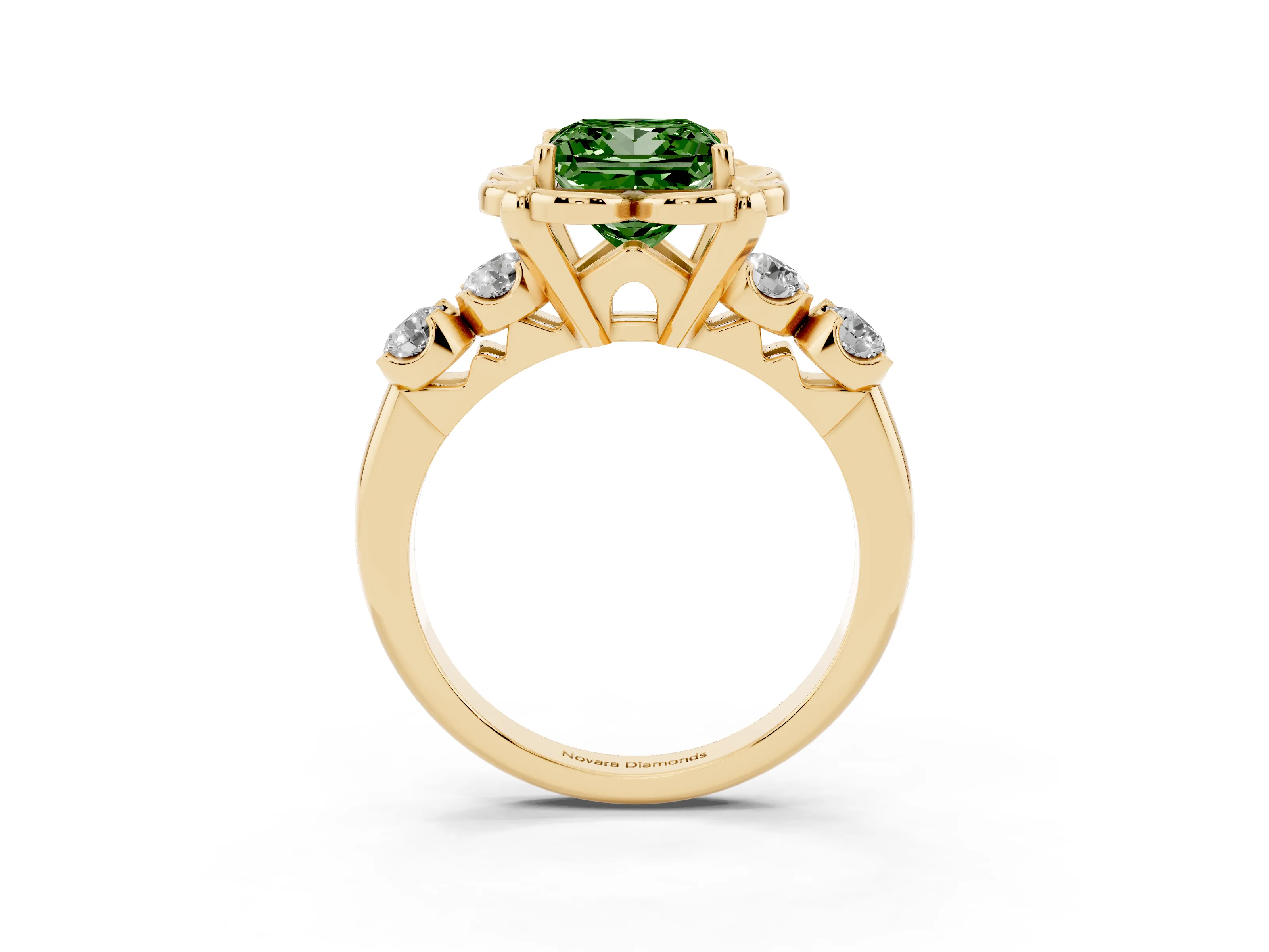 Fancy Green Princess Cut Diamond Floral Halo Ring Set in Yellow gold with Shared Prong Band