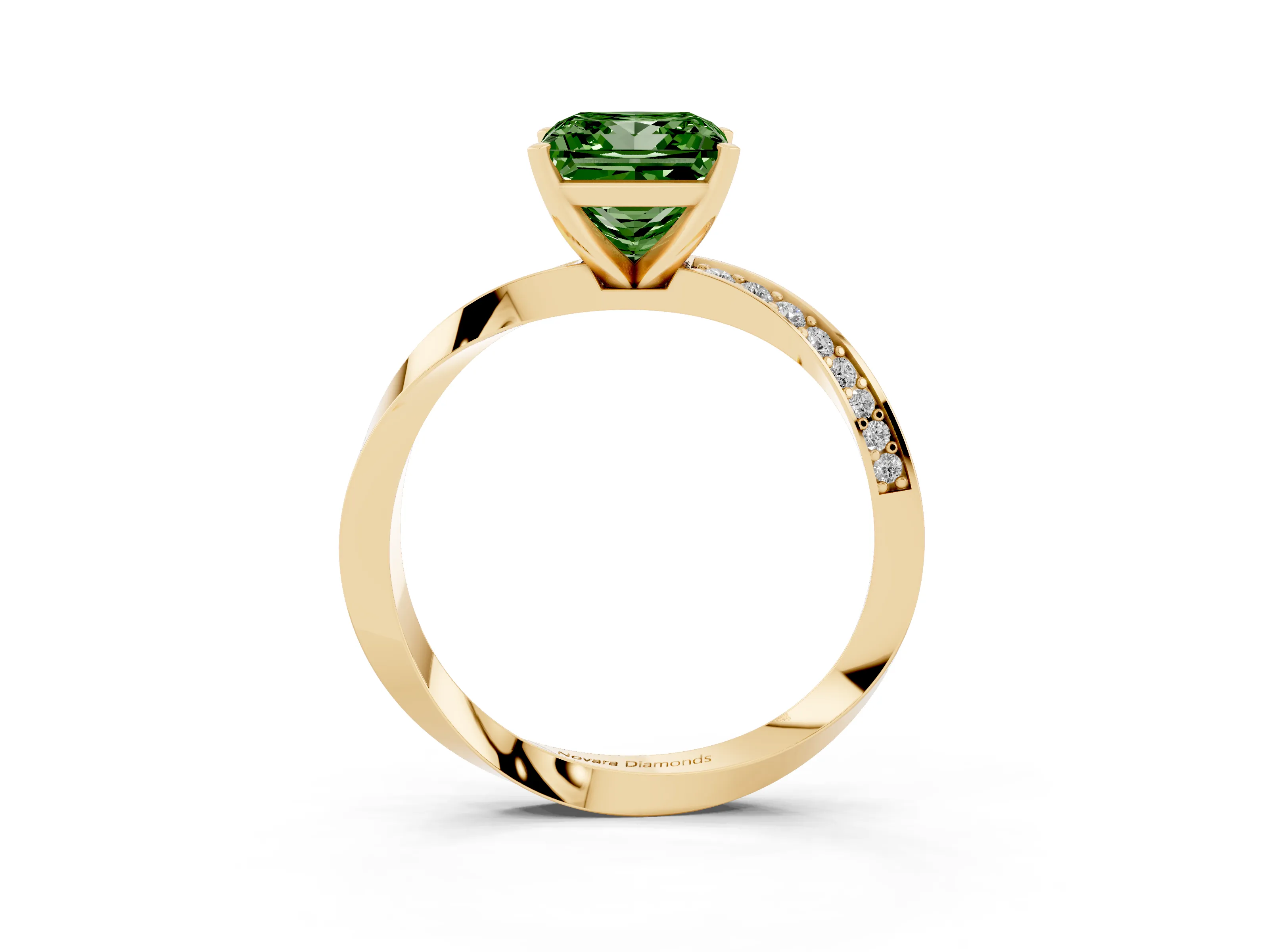 Fancy Green Princess Cut Diamond Engagement Ring Set in Yellow gold with Side Stone Accents and Prong Setting