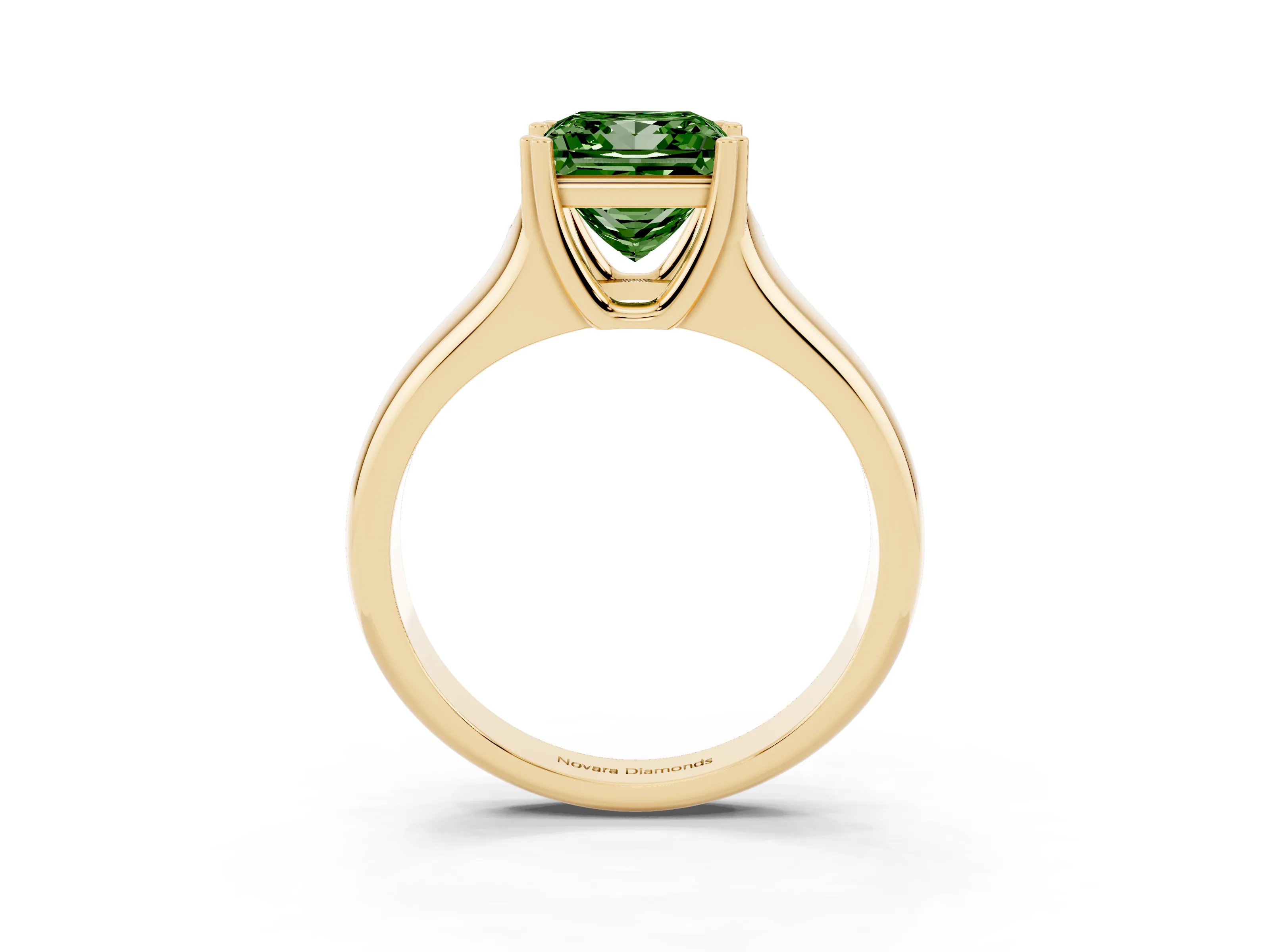 Fancy Green Princess Cut Diamond Solitaire Ring Set in Yellow gold with Wide Band and Prong Setting