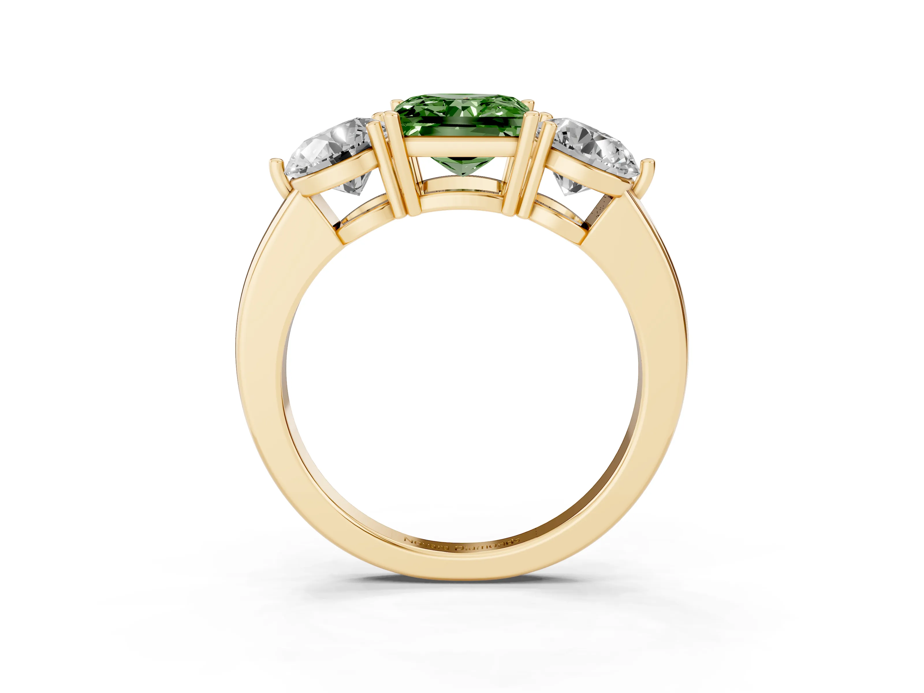 Fancy Green Princess Cut Diamond Three-Stone Ring Set in Yellow gold with Prong Setting and Plain Band