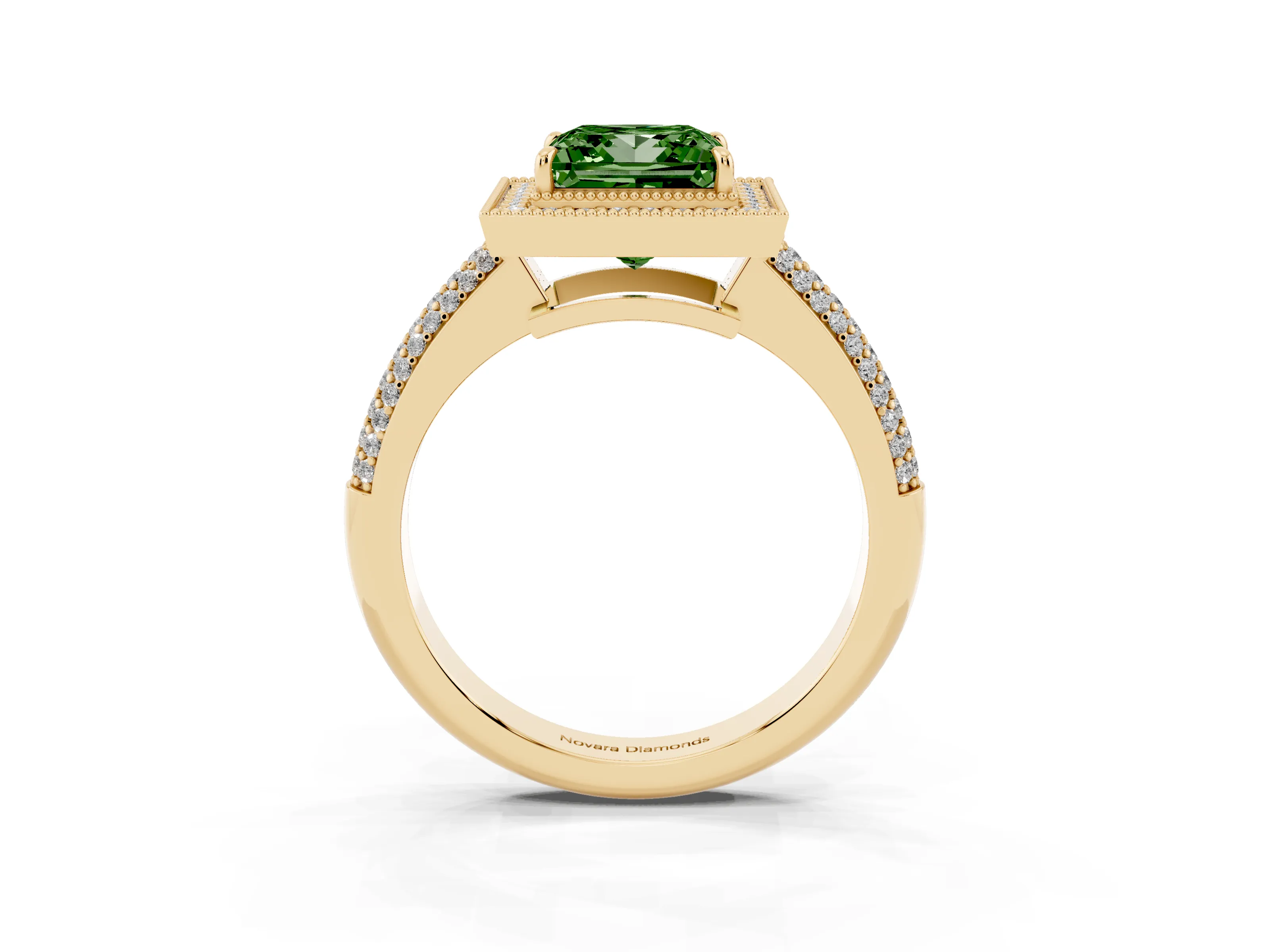 Fancy Green Princess Cut Diamond Halo Pavé Band Set in Yellow gold with Prong Setting