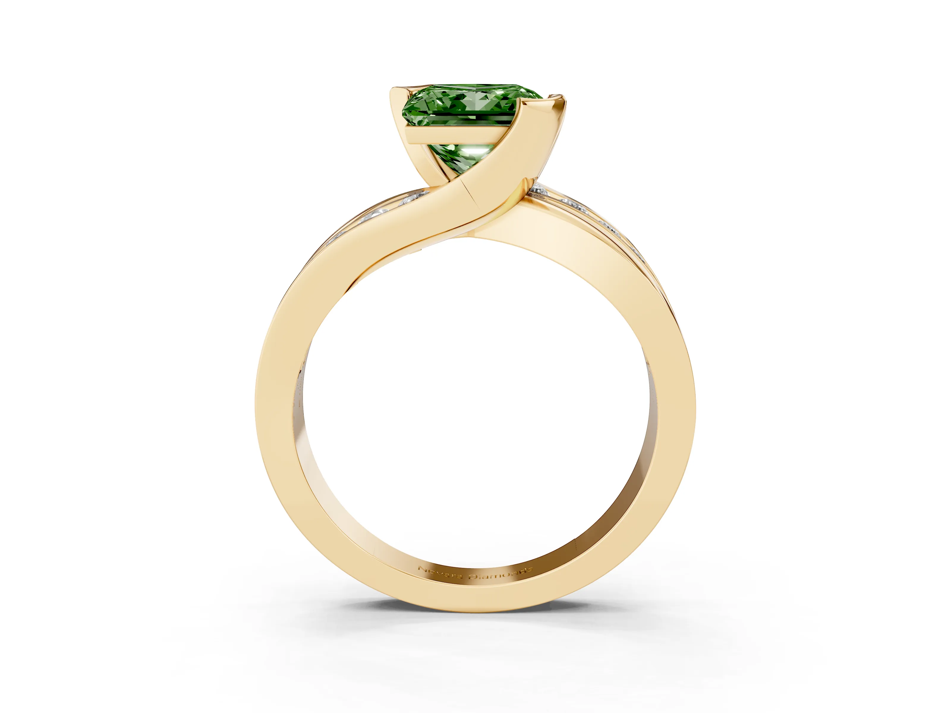 Fancy Green Princess Cut Diamond Solitaire Ring Set in Yellow gold with Channel Set Split Shank and Tension Prongs