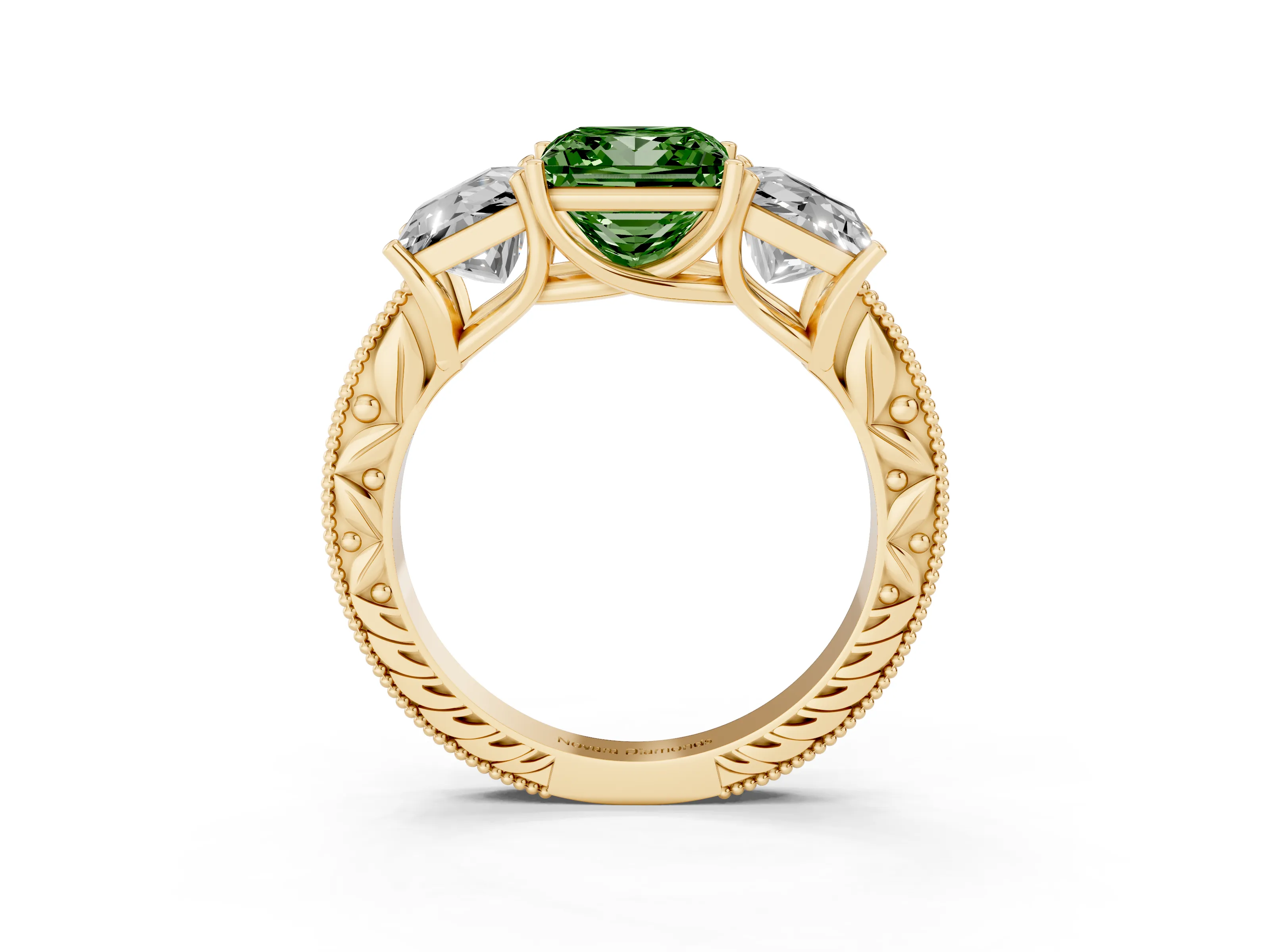 Fancy Green Princess Cut Diamond Three-Stone Engagement Ring Set in Yellow gold with Milgrain Pavé Band