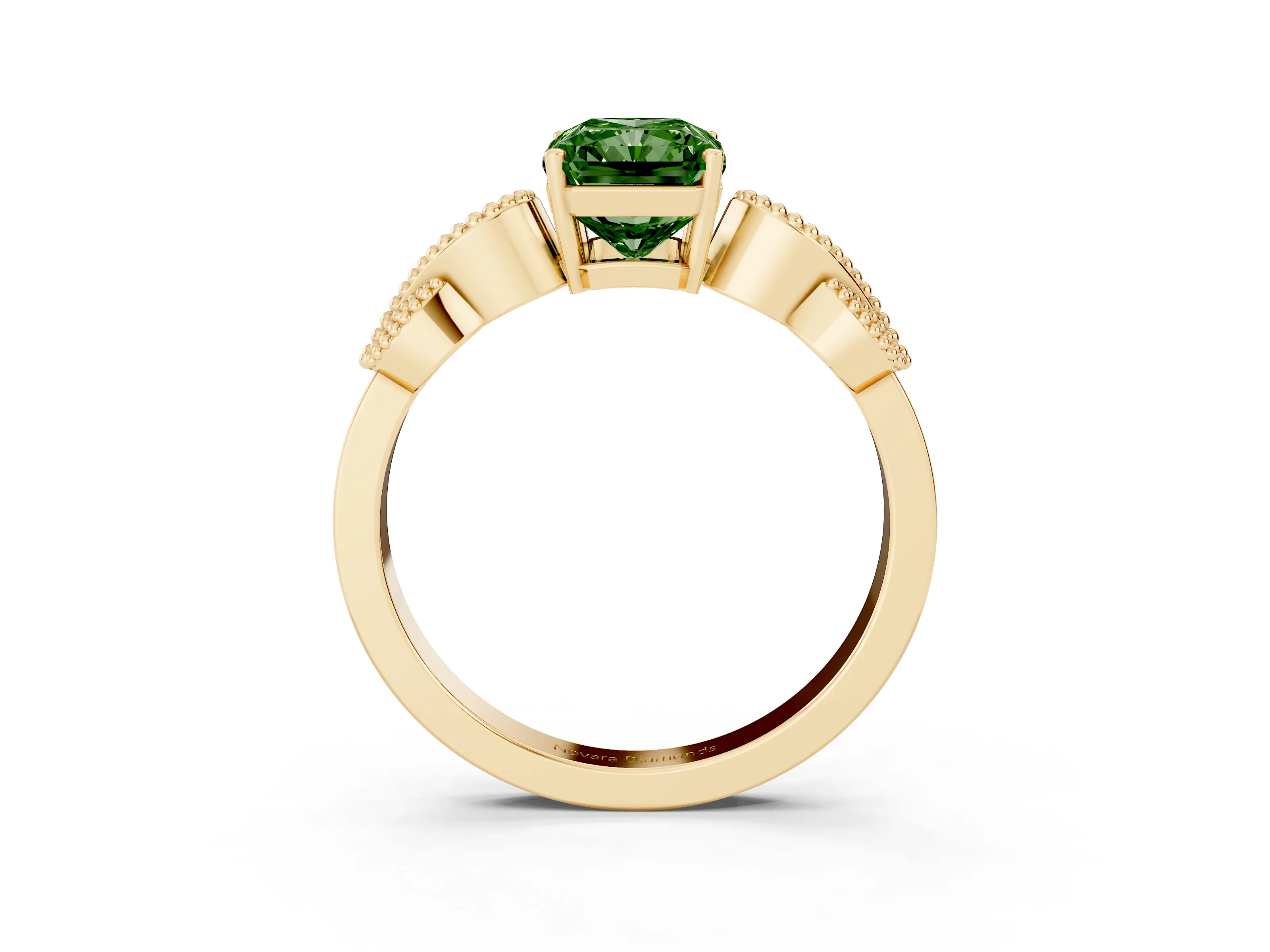 Fancy Green Princess Cut Diamond Milgrain Leaf Band Solitaire Ring Set in Yellow gold with Accent Stones and Prong Setting