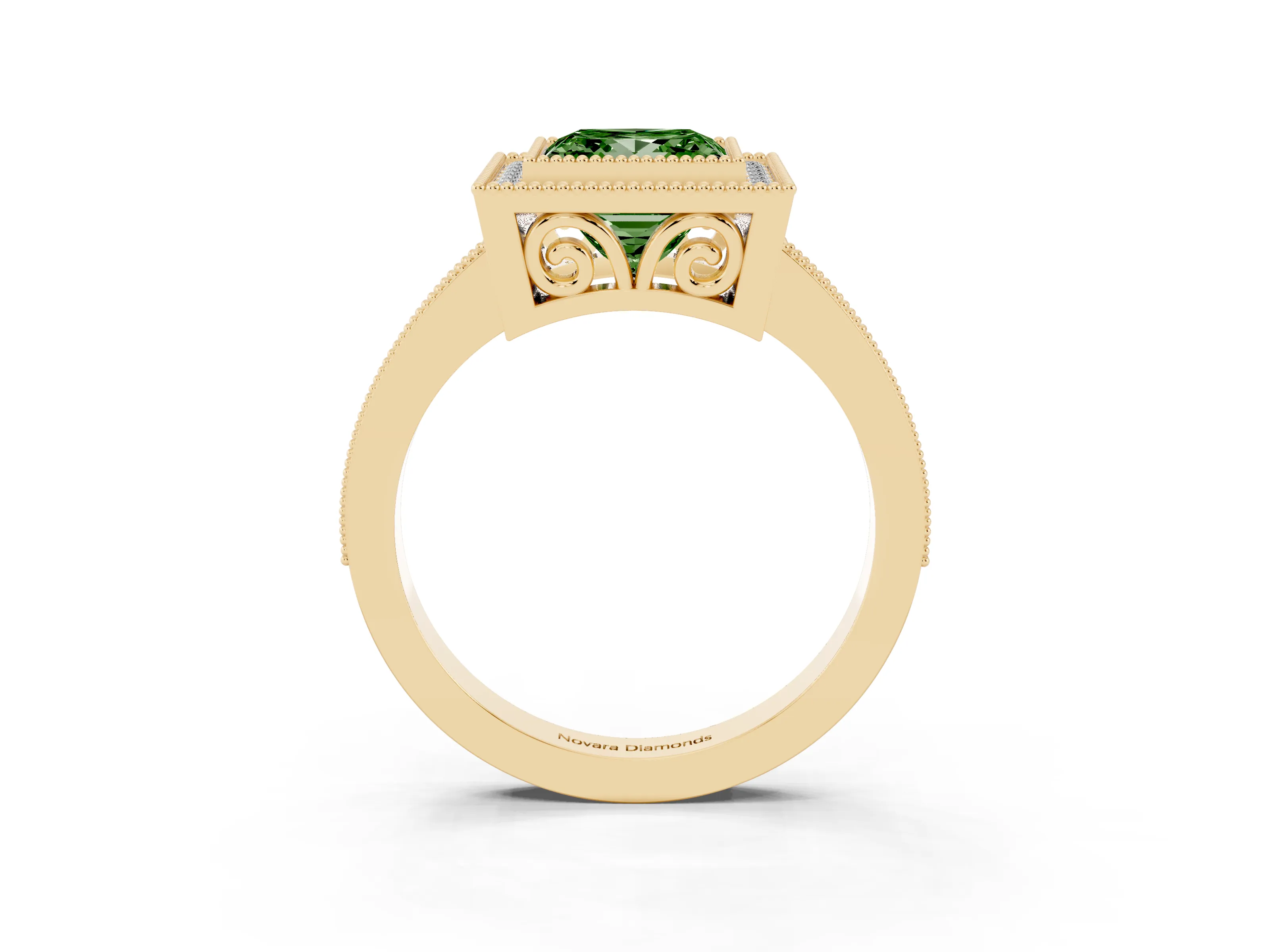 Fancy Green Princess Cut Diamond Halo Ring Set in Yellow gold with Pavé Band and Milgrain-Edged Prongs