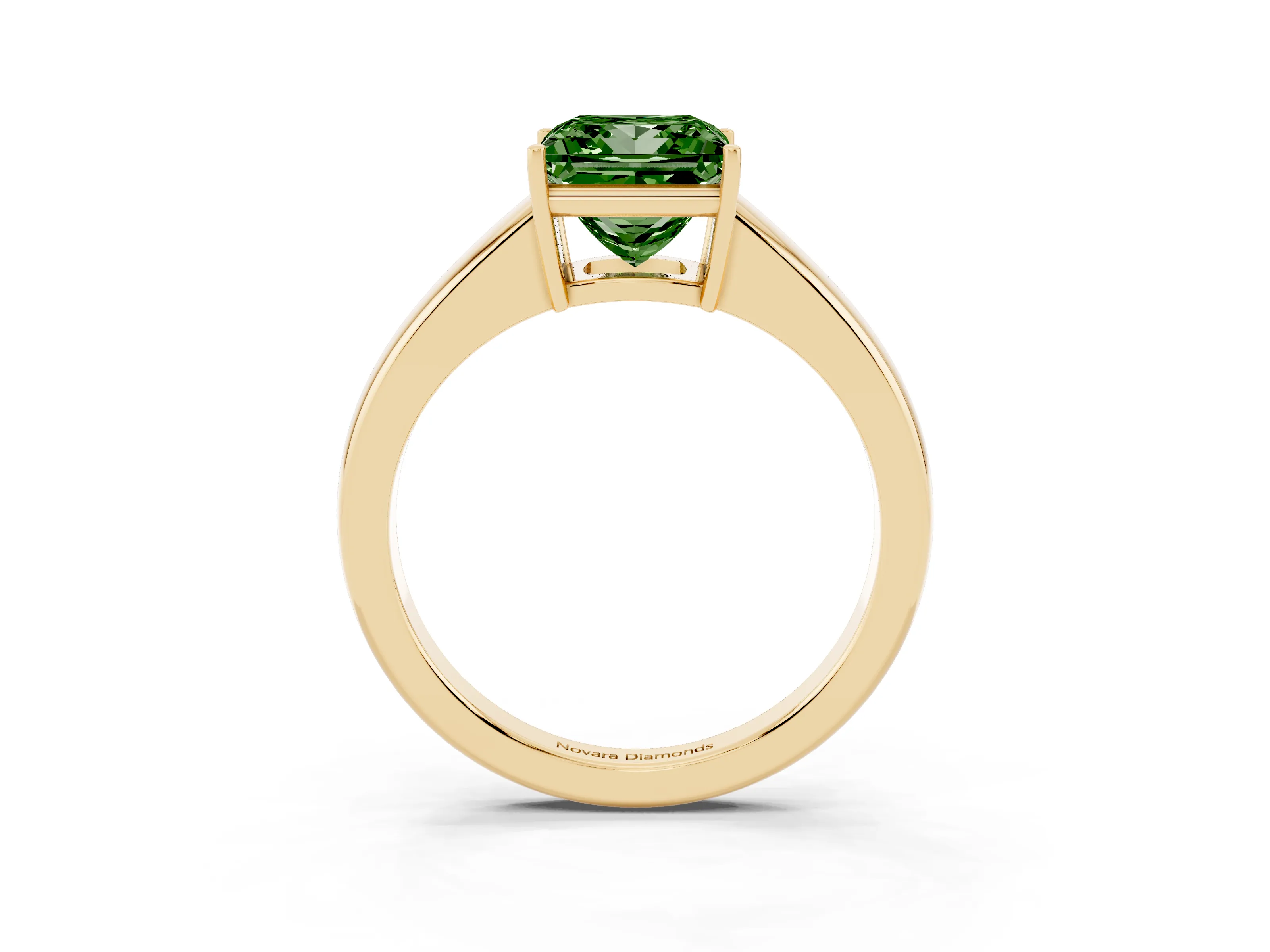 Fancy Green Princess Cut Diamond Solitaire Ring Set in Yellow gold with Tapered Band and Prong Setting
