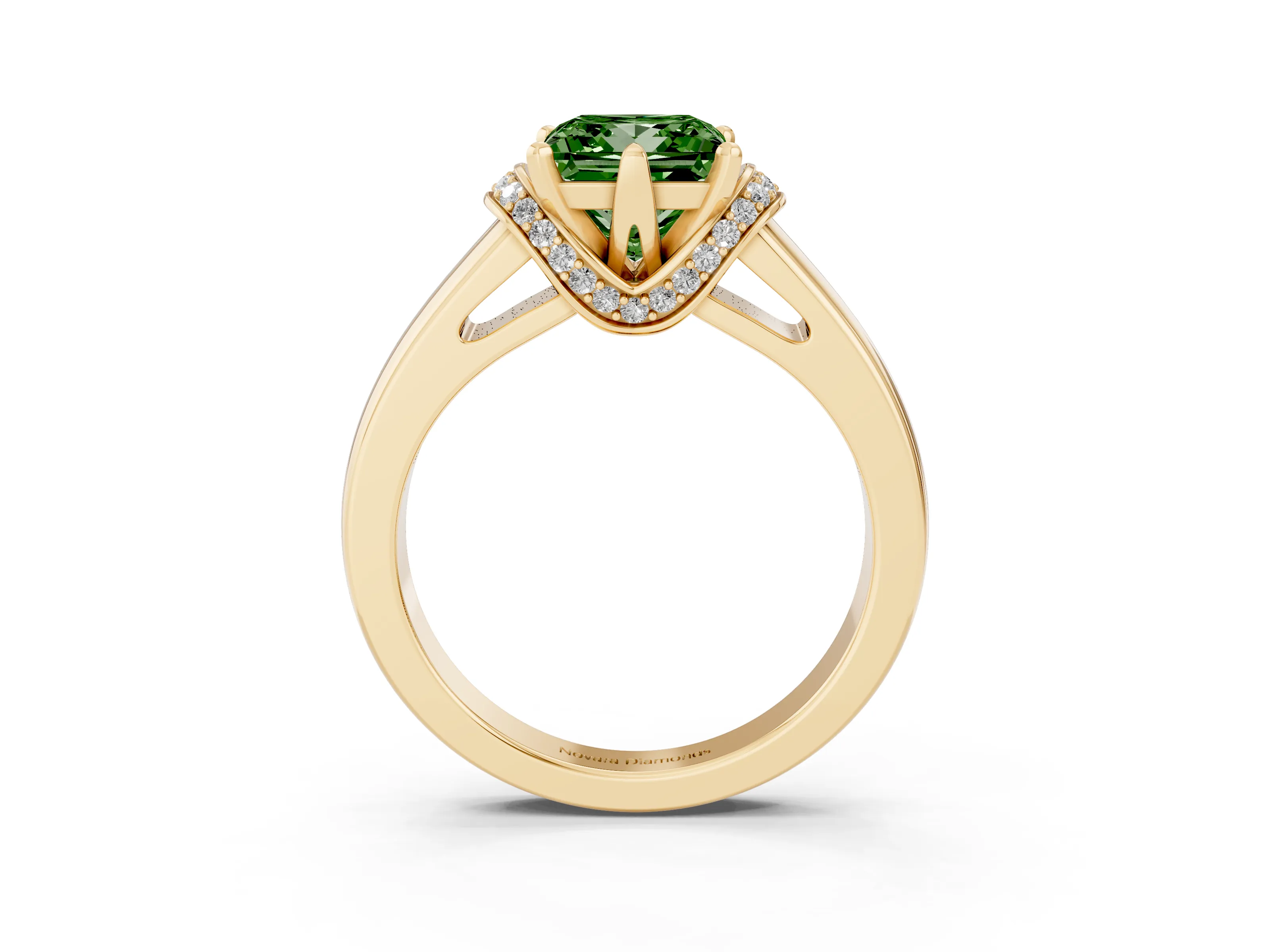 Fancy Green Princess Cut Diamond Pavé Band Solitaire Ring Set in Yellow gold with Prong Setting