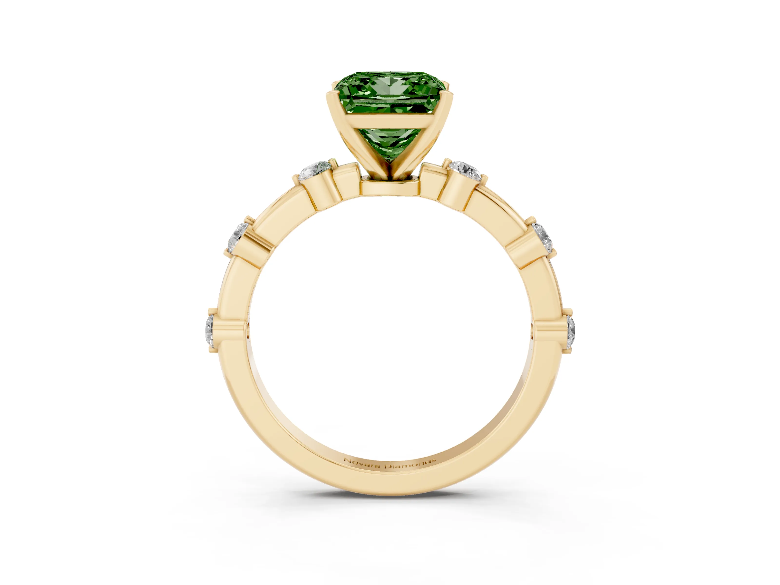 Fancy Green Princess Cut Diamond Solitaire Ring Set in Yellow gold with Bezel Set Side Stones and Prong Setting