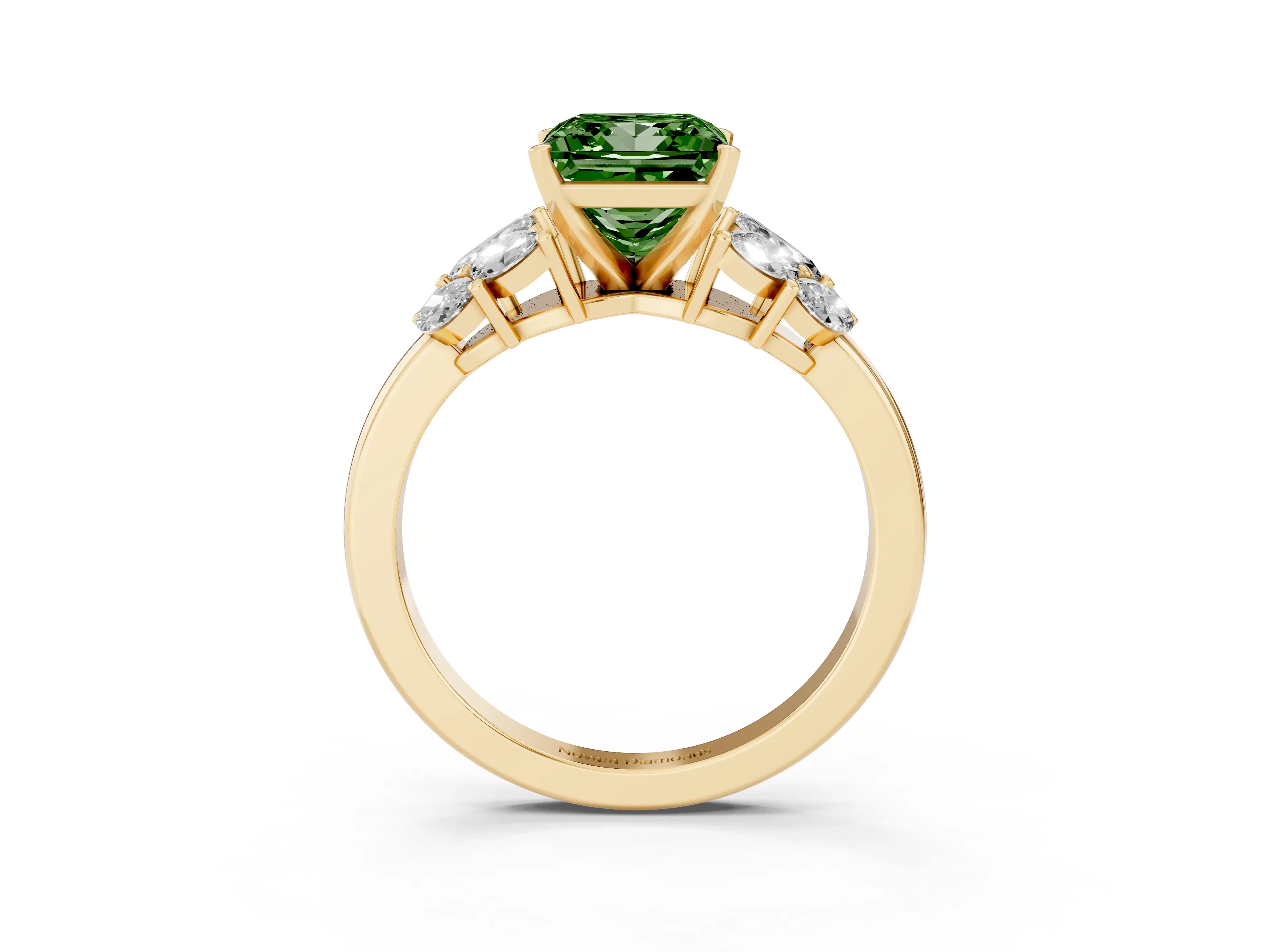 Fancy Green Princess Cut Diamond Cluster Leaf Design Ring Set in Yellow gold with Prong Setting