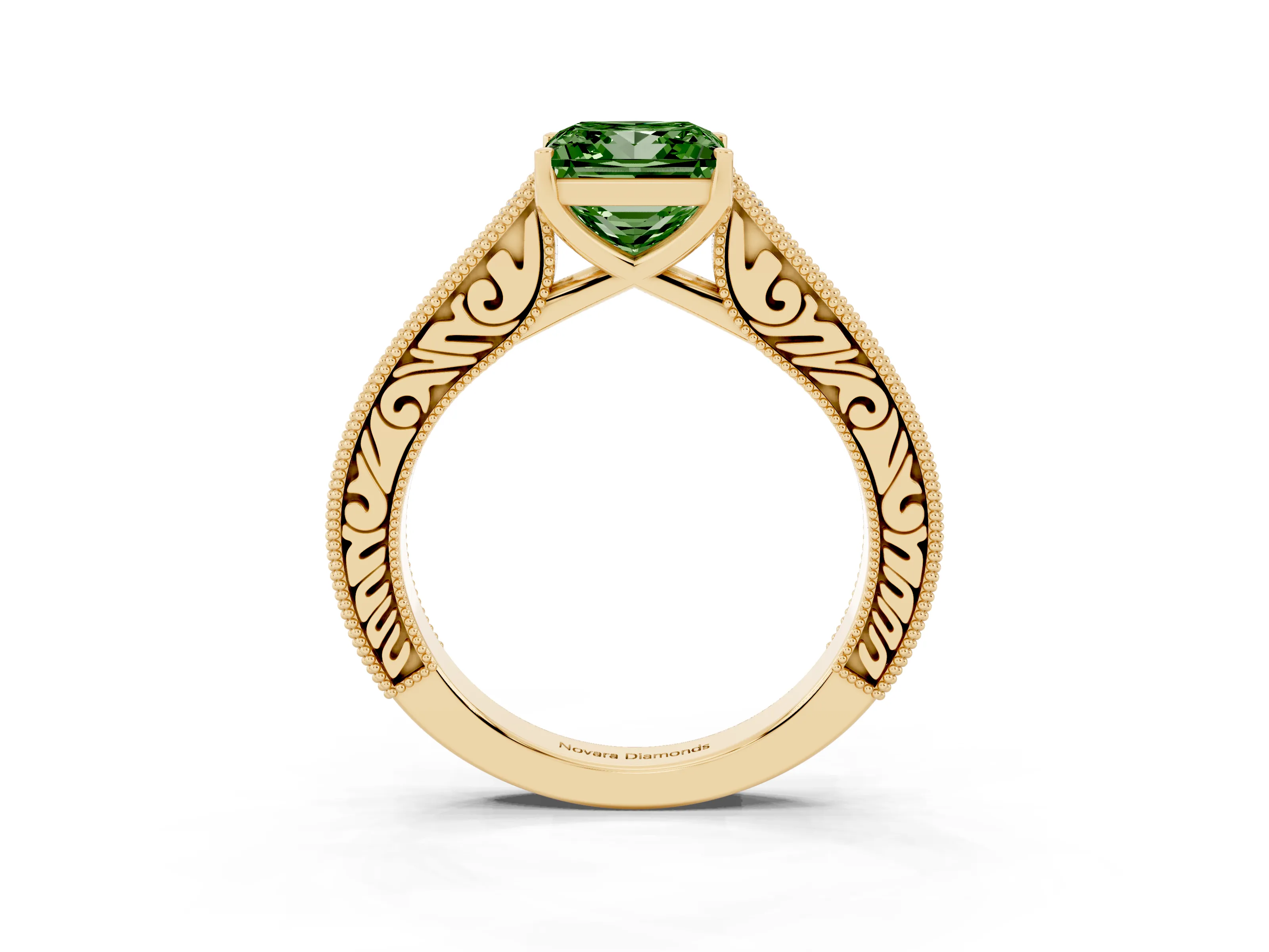 Fancy Green Princess Cut Diamond Milgrain Pavé Band Solitaire Ring Set in Yellow gold with Prong Setting