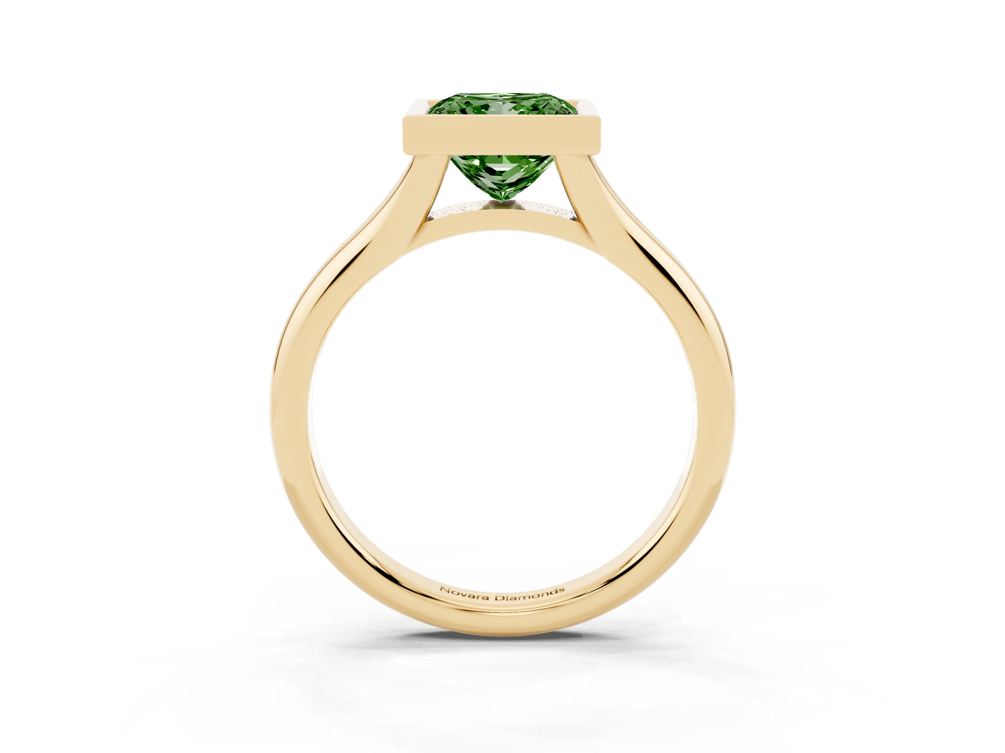 Fancy Green Bezel Set Princess Cut Diamond Solitaire Ring Set in Yellow gold with Smooth Band