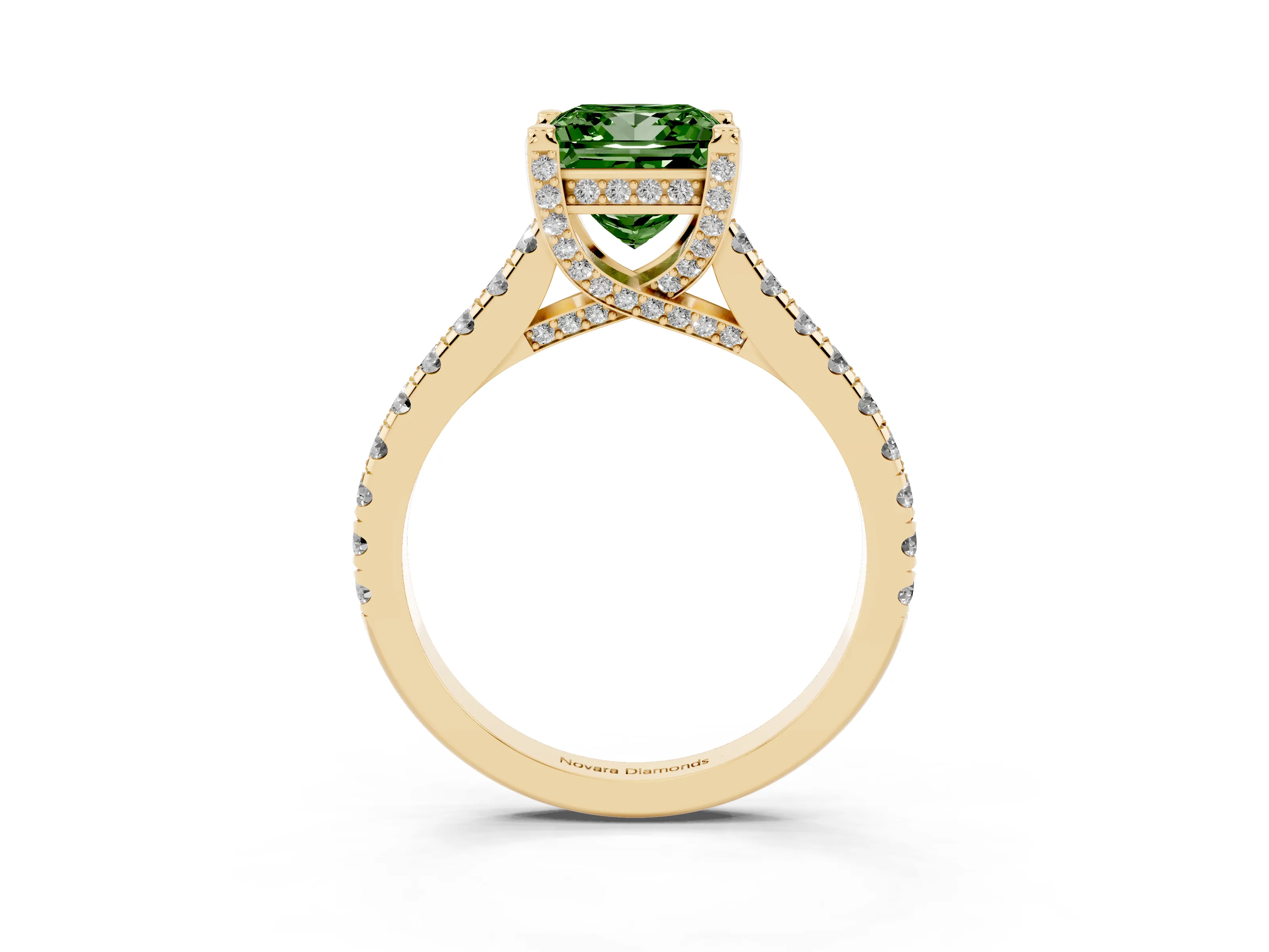 Fancy Green Princess Cut Diamond Solitaire Ring Set in Yellow gold with Brilliant Pavé Band and Prong Setting