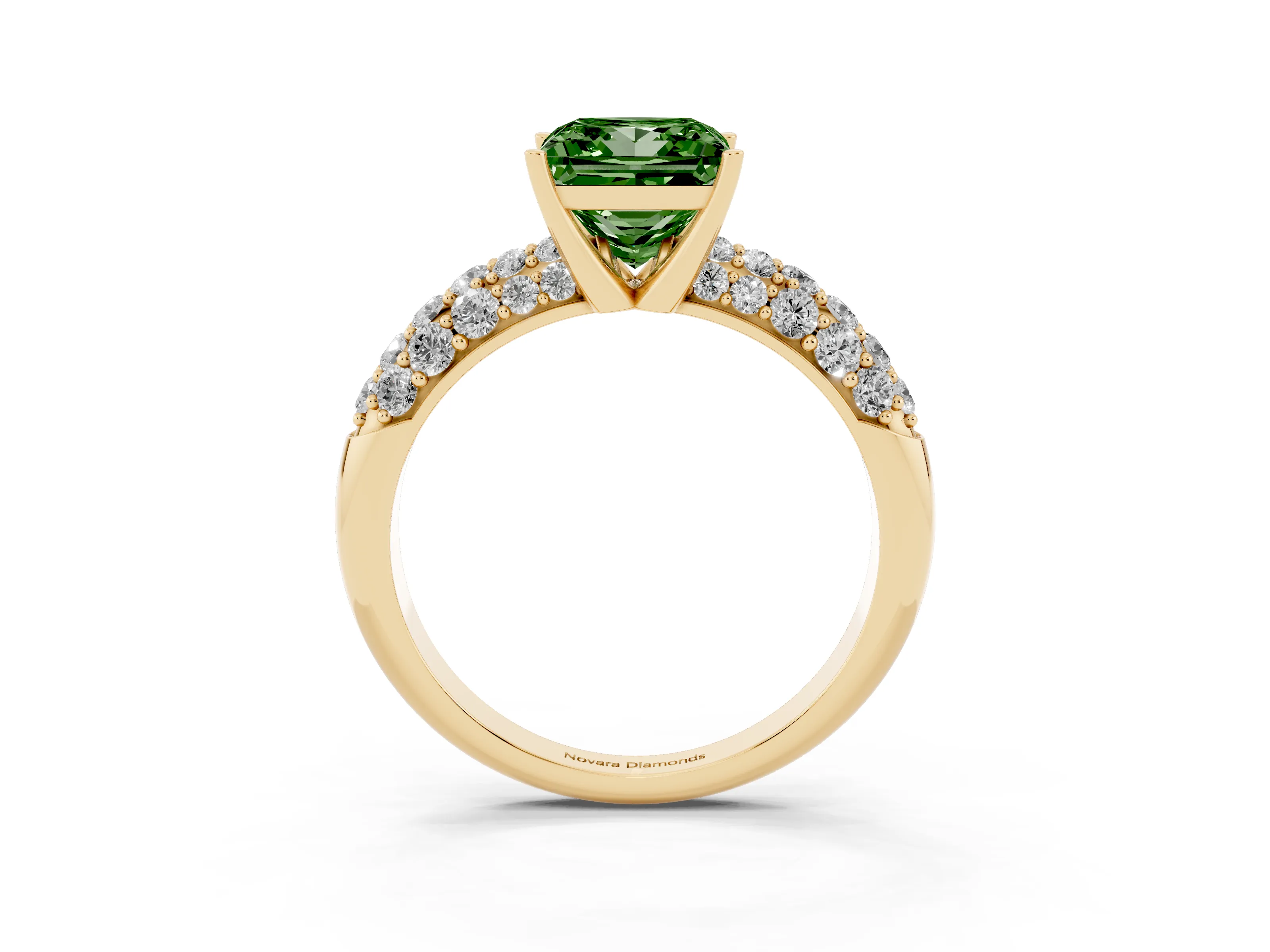 Fancy Green Princess Cut Diamond Pavé Band Solitaire Ring Set in Yellow gold with Close-Set Accent Stones and Prong Setting