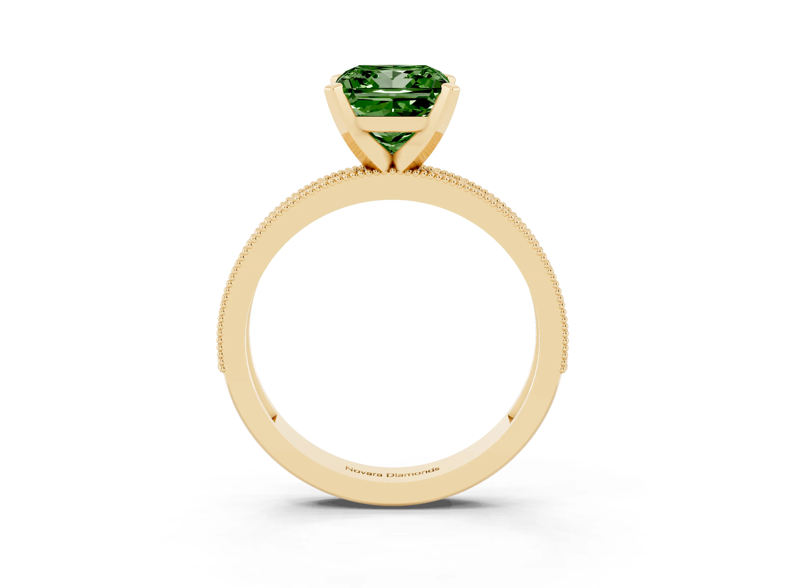 Fancy Green Princess Cut Diamond Milgrain Pavé Engagement Ring Set in Yellow gold with Prong Setting