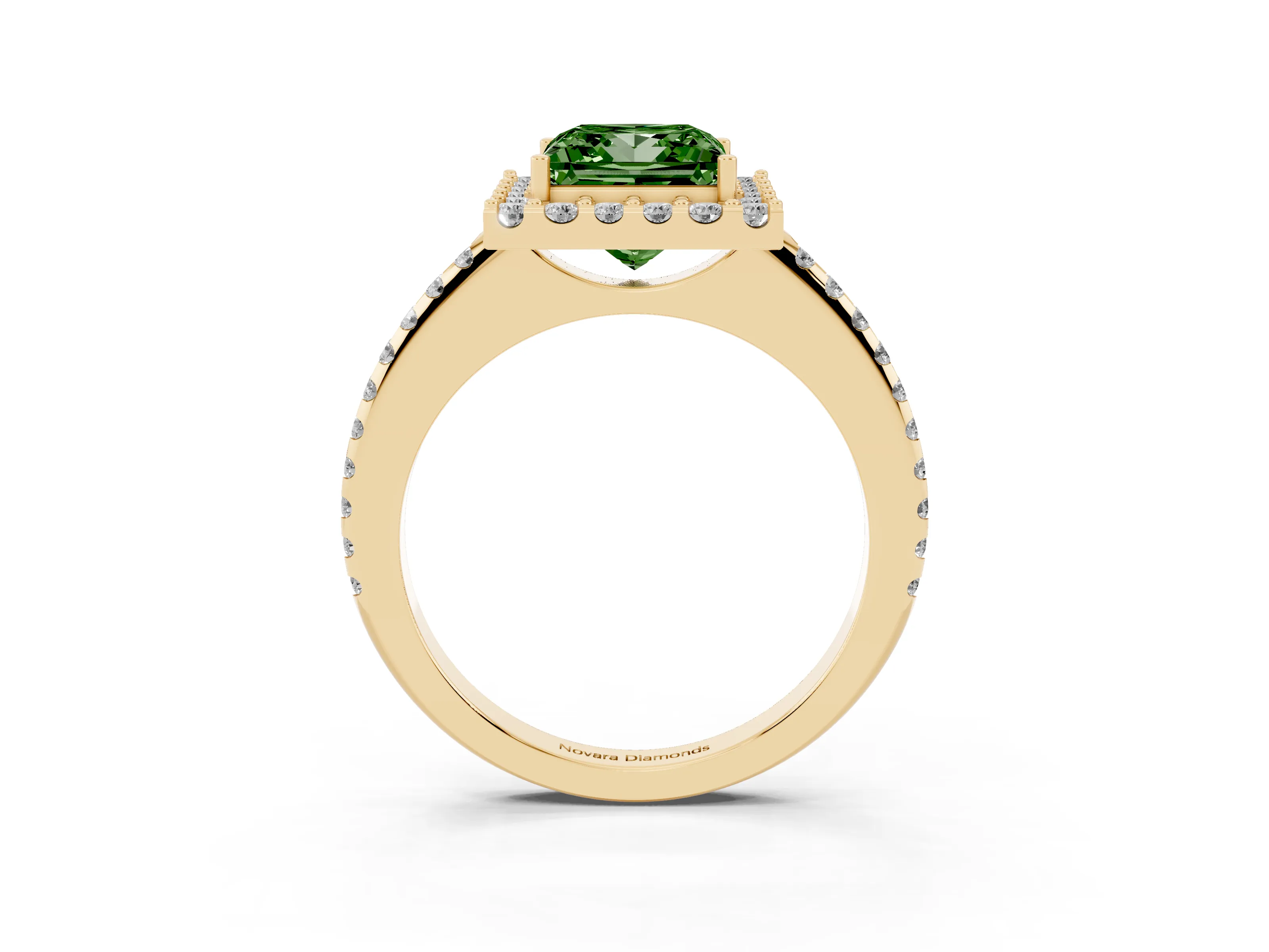 Fancy Green Princess Cut Diamond Pavé Halo Ring Set in Yellow gold with Prong Setting