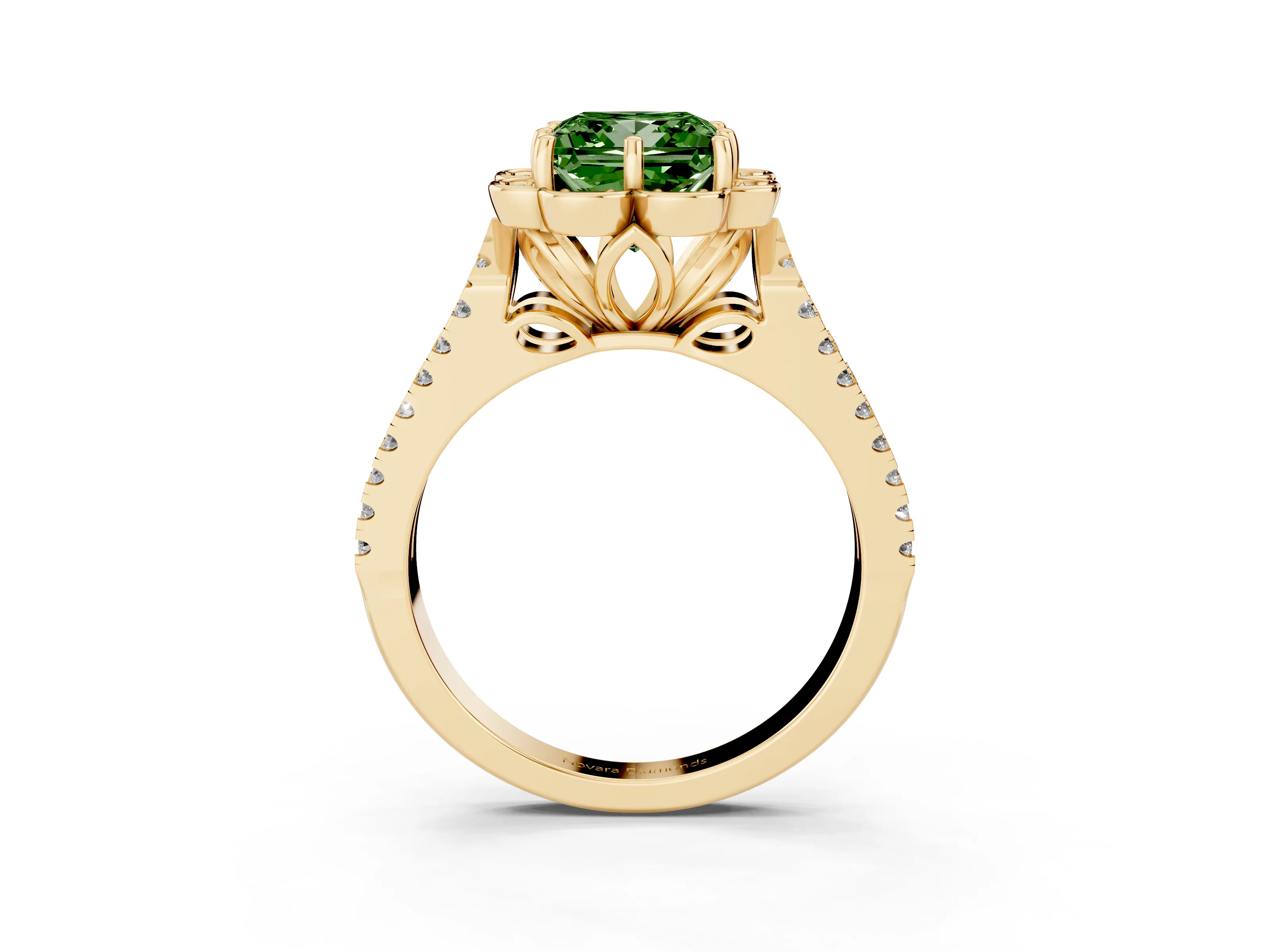 Fancy Green Princess Cut Diamond Floral Halo Split Shank Engagement Ring Set in Yellow gold with Pavé Shank