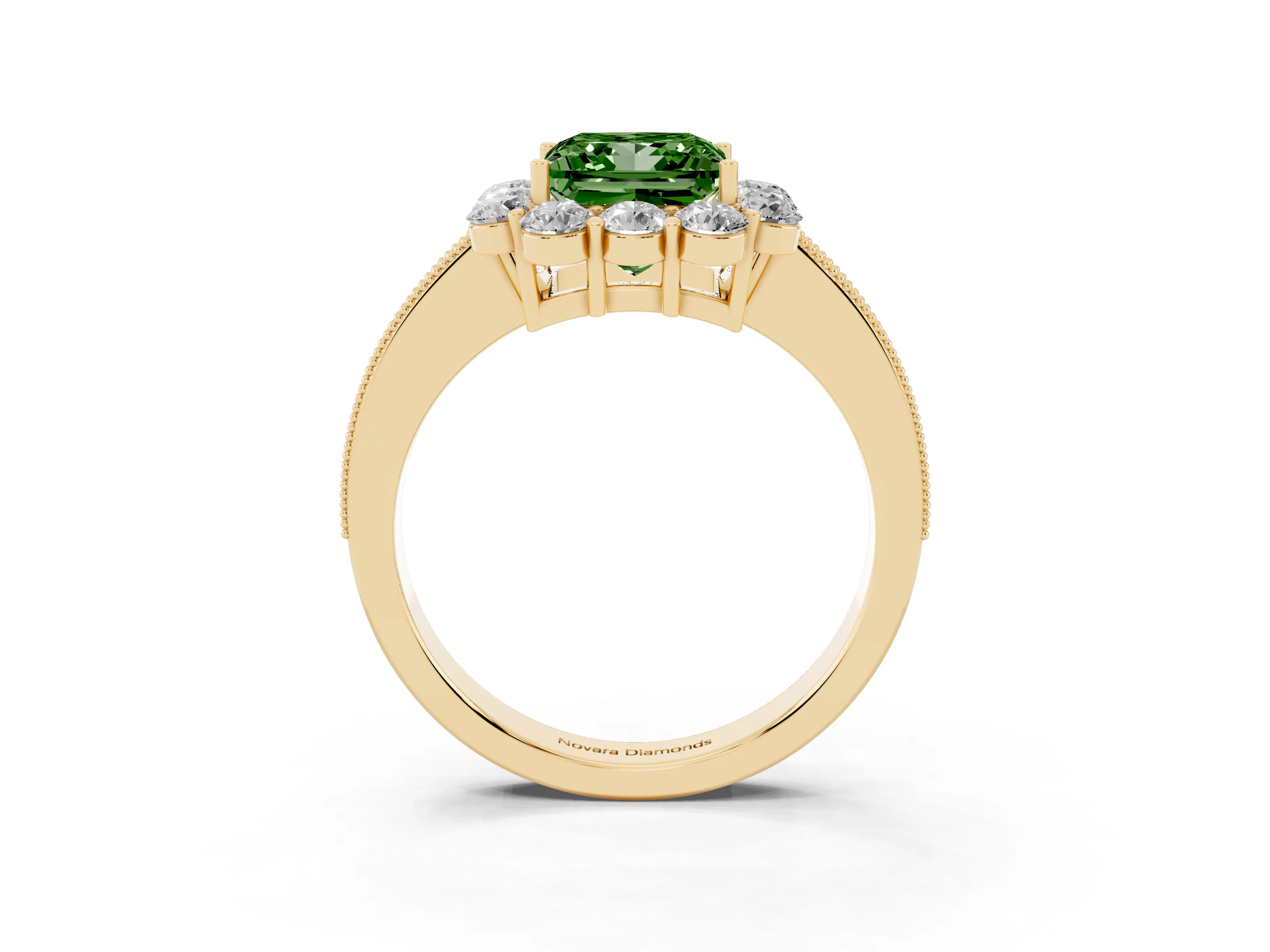 Fancy Green Princess Cut Diamond Halo Pavé Engagement Ring Set in Yellow gold with Milgrain Detailing