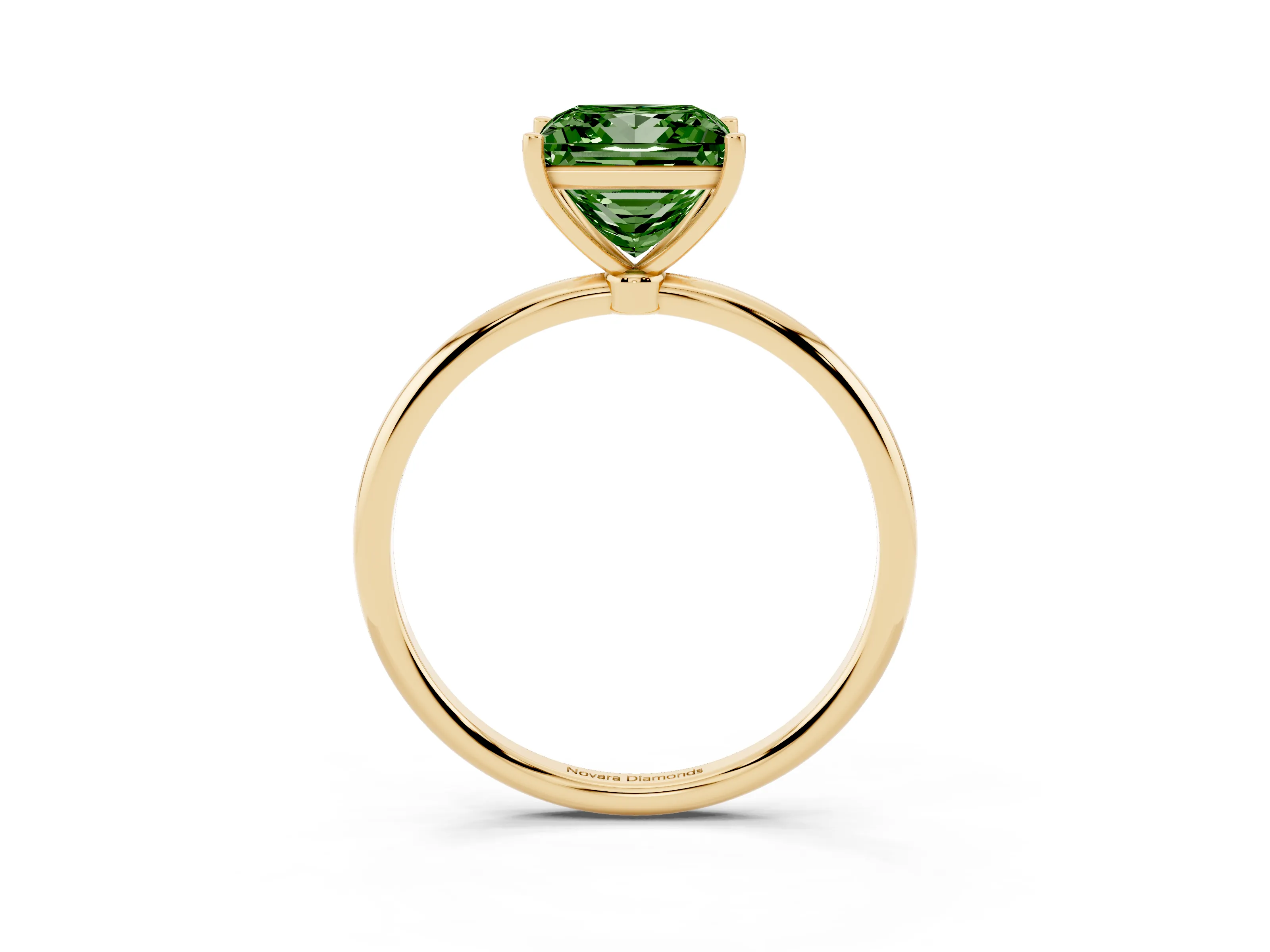 Fancy Green Princess Cut Diamond Solitaire Engagement Ring Set in Yellow gold with Thin Band and Prong Setting