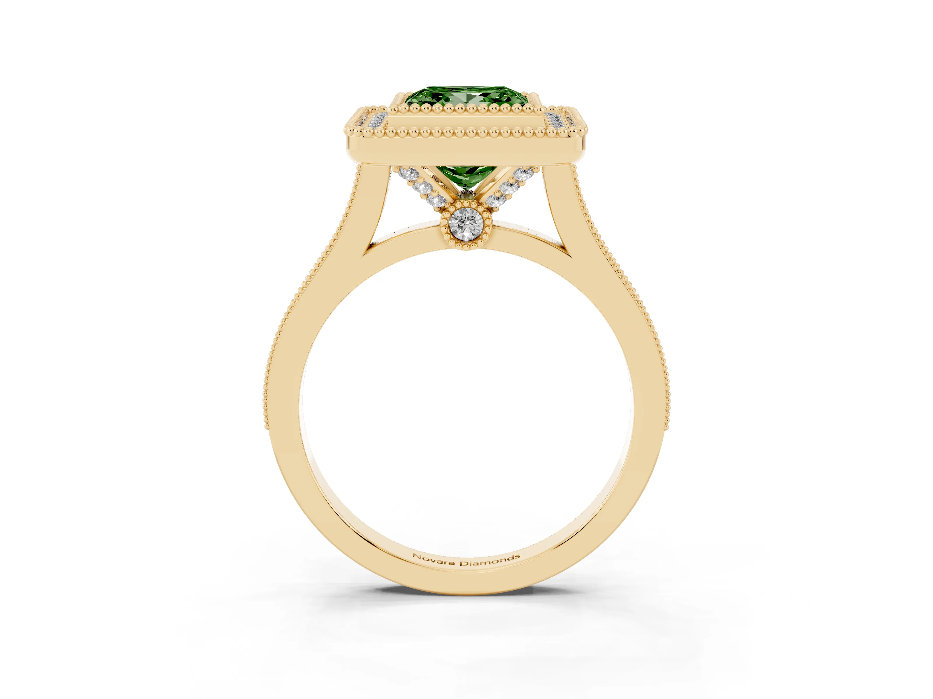 Fancy Green Princess Cut Diamond Halo Ring Set in Yellow gold with Milgrain Frame and Pavé Band