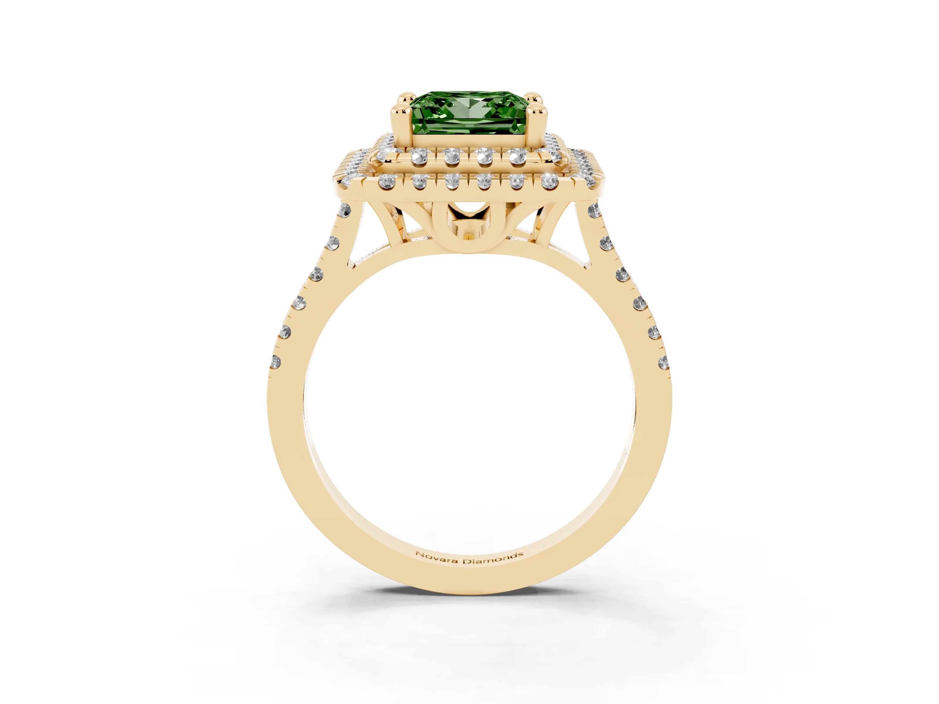 Fancy Green Princess Cut Diamond Double Halo Statement Ring Set in Yellow gold with Pavé Band