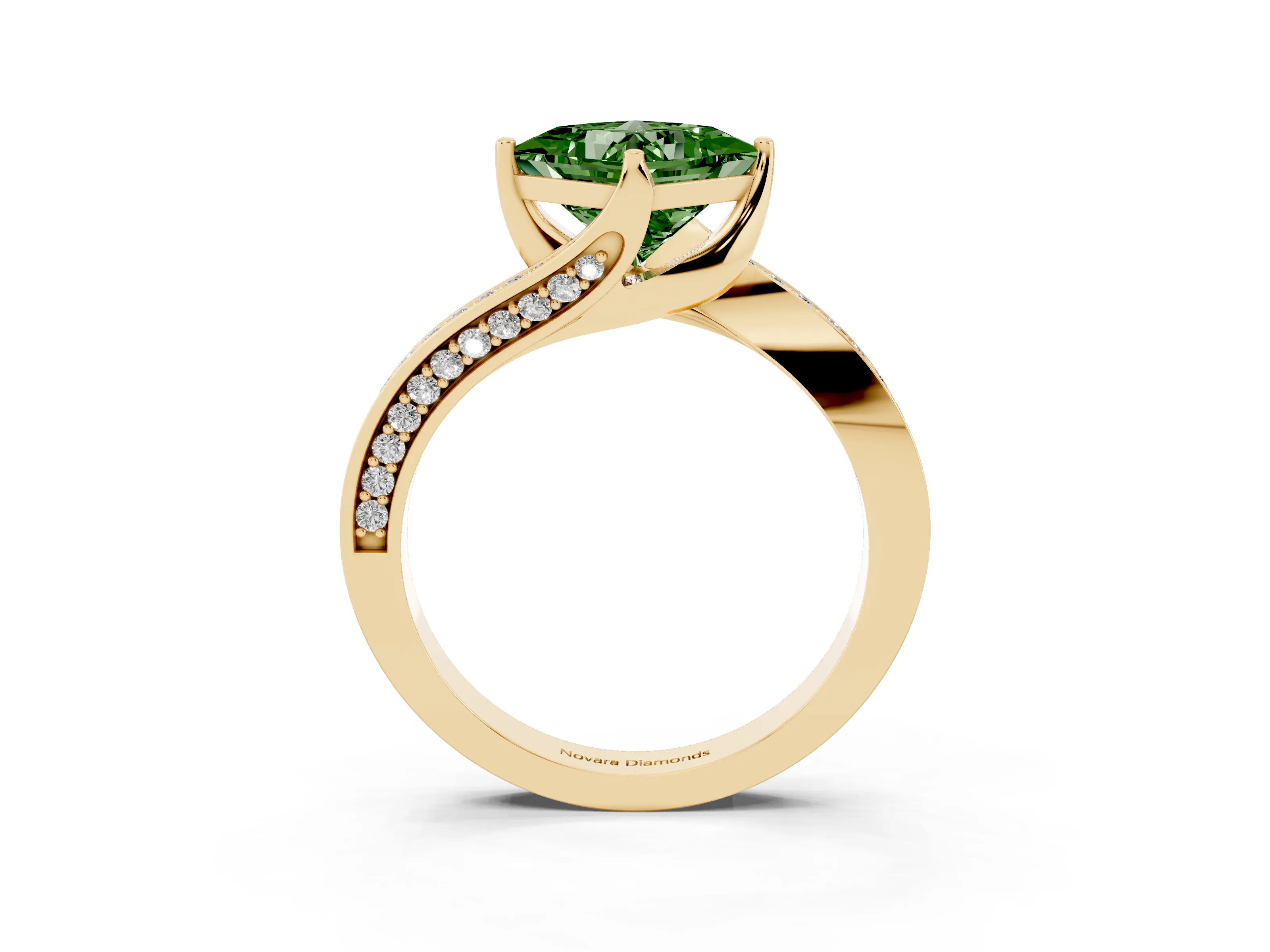 Fancy Green Princess Cut Diamond Solitaire Ring Set in Yellow gold with Intertwined Pavé Twist Band