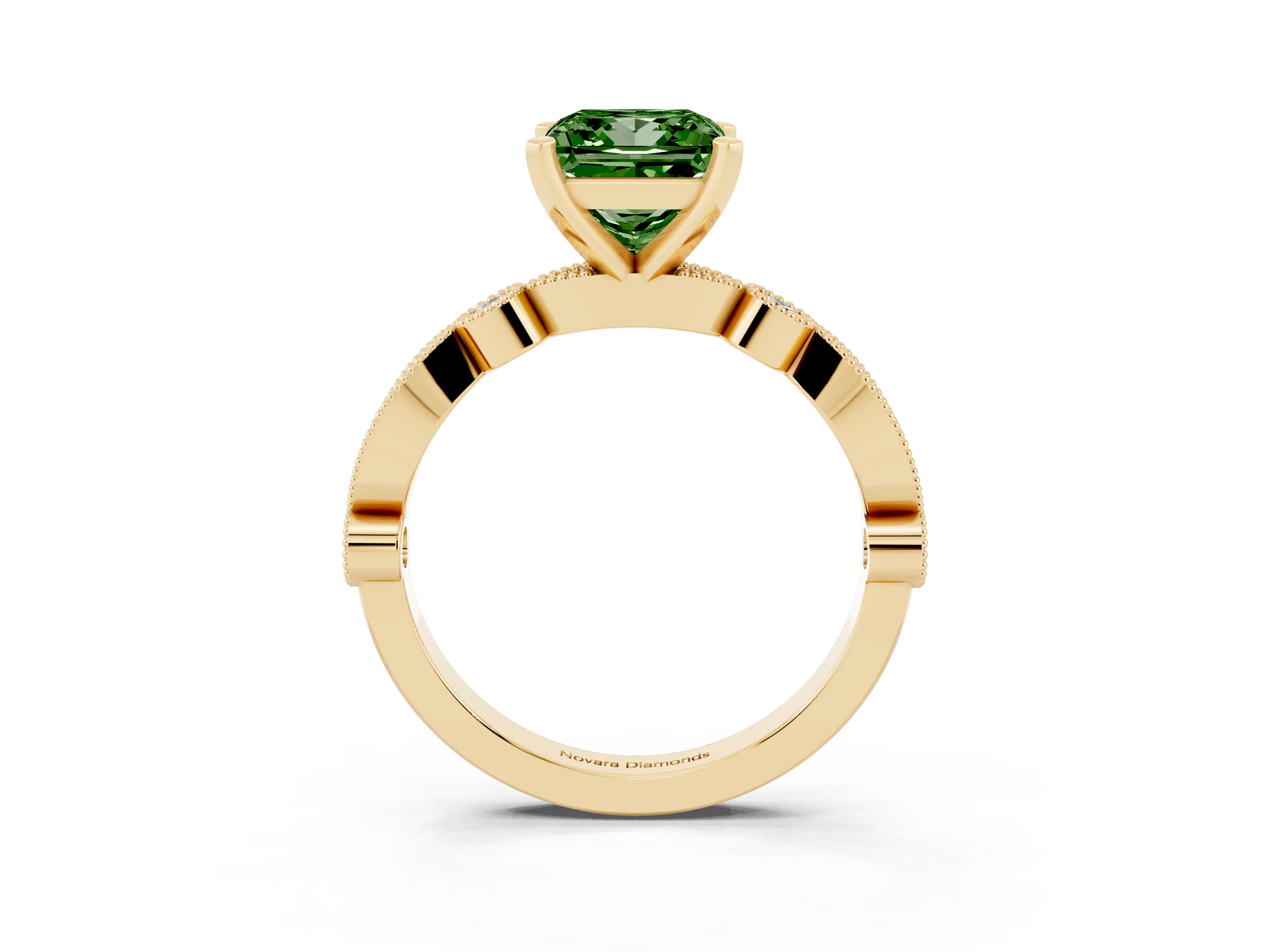 Fancy Green Princess Cut Diamond Solitaire Engagement Ring Set in Yellow gold with Milgrain Bezel Accent Band