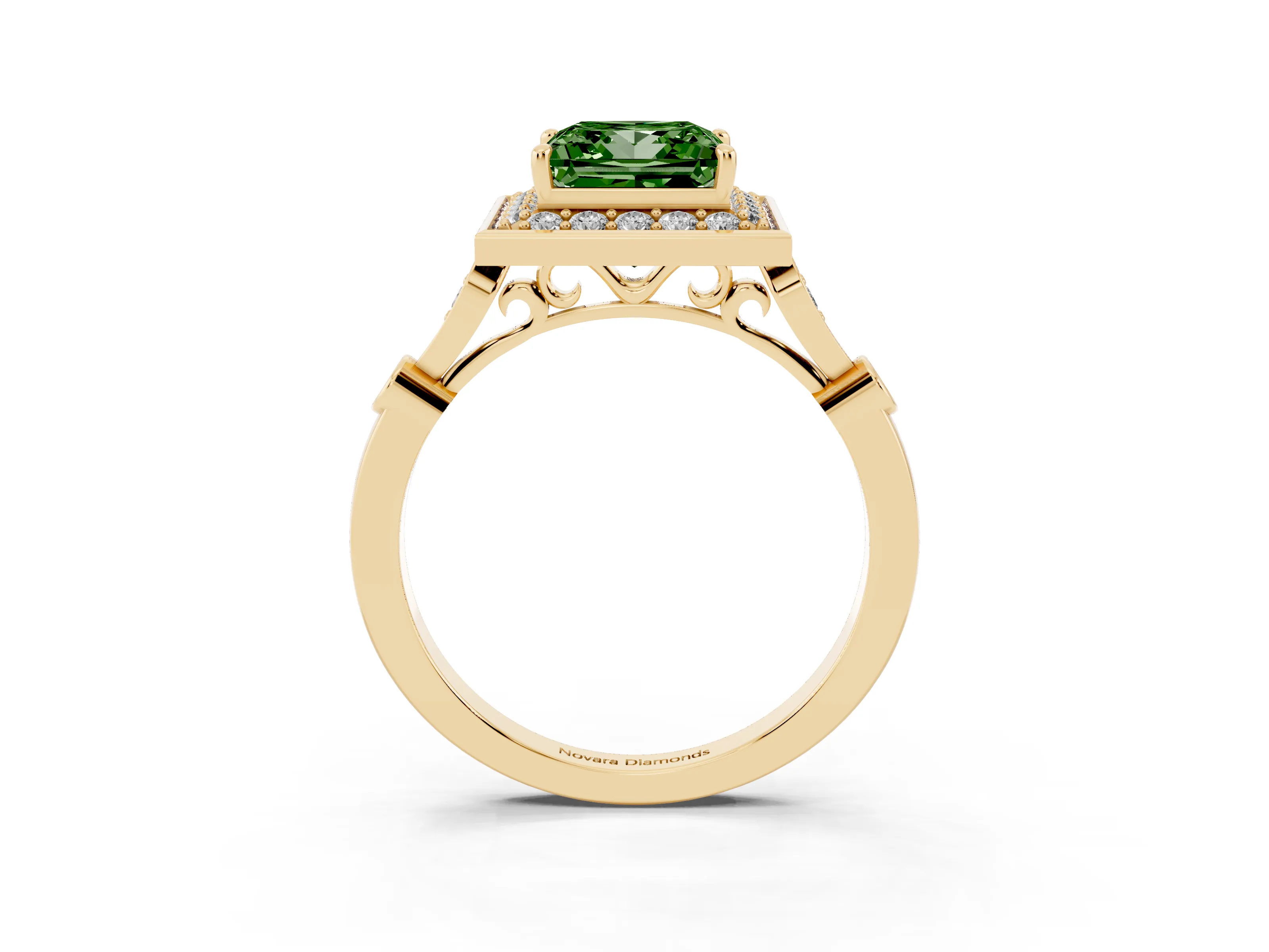 Fancy Green Princess Cut Diamond Halo Engagement Ring Set in Yellow gold with Twisted Band and Prong Setting