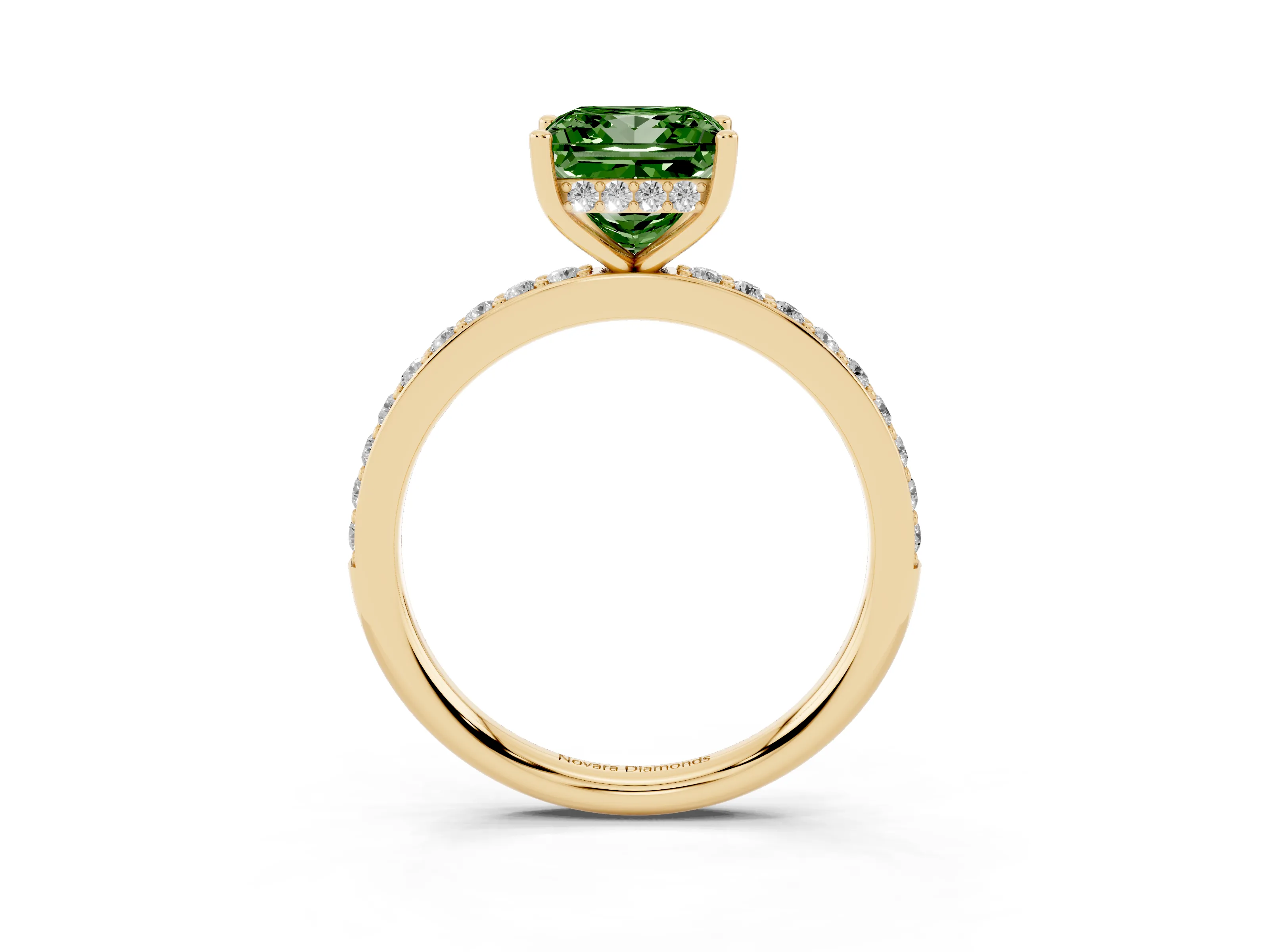Fancy Green Princess Cut Diamond Pavé Band Ring Set in Yellow gold with Prong-Set Center Stone