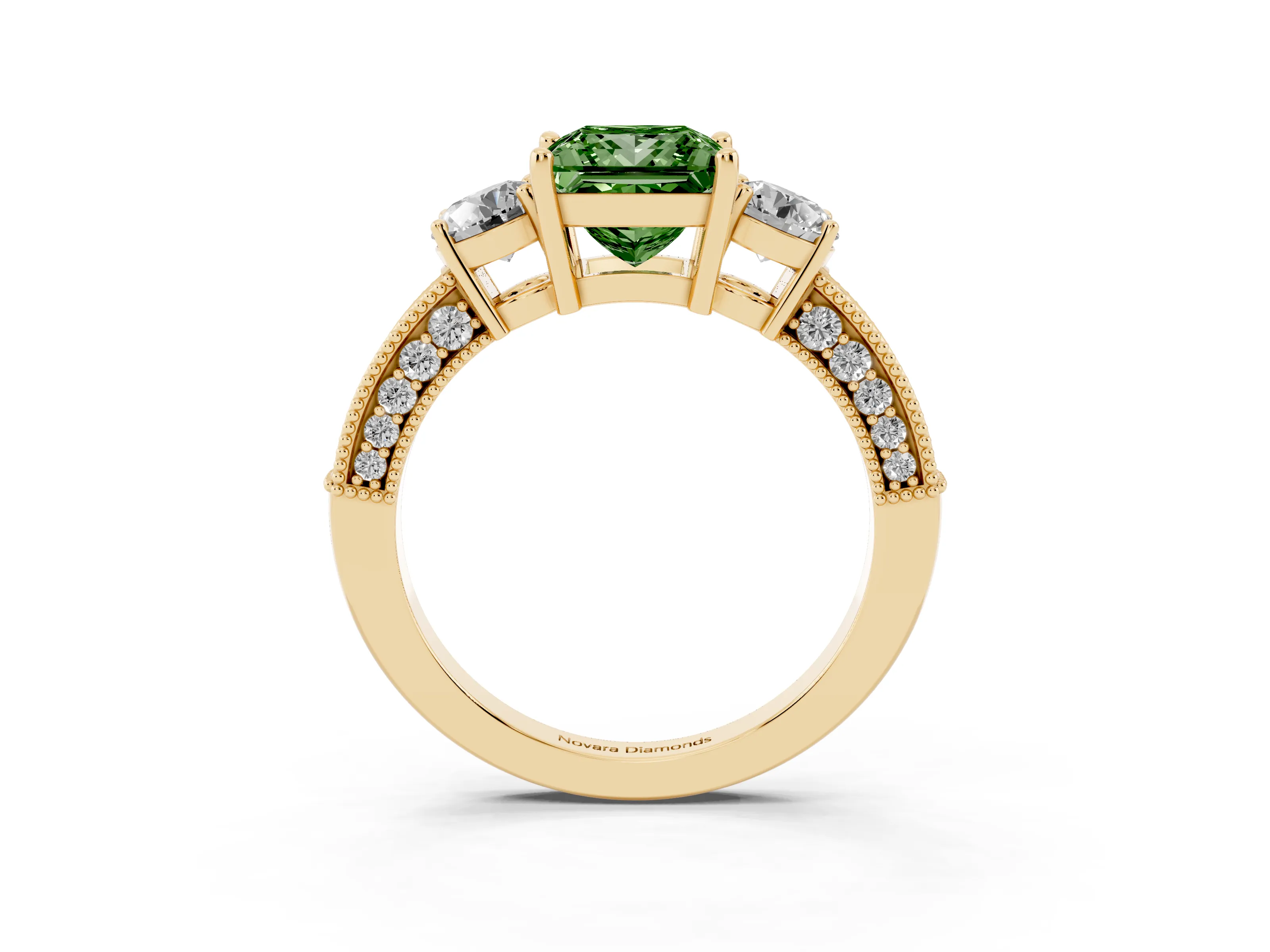 Fancy Green Princess Cut Diamond Three-Stone Ring Set in Yellow gold with Round Side Stones and Pavé Band