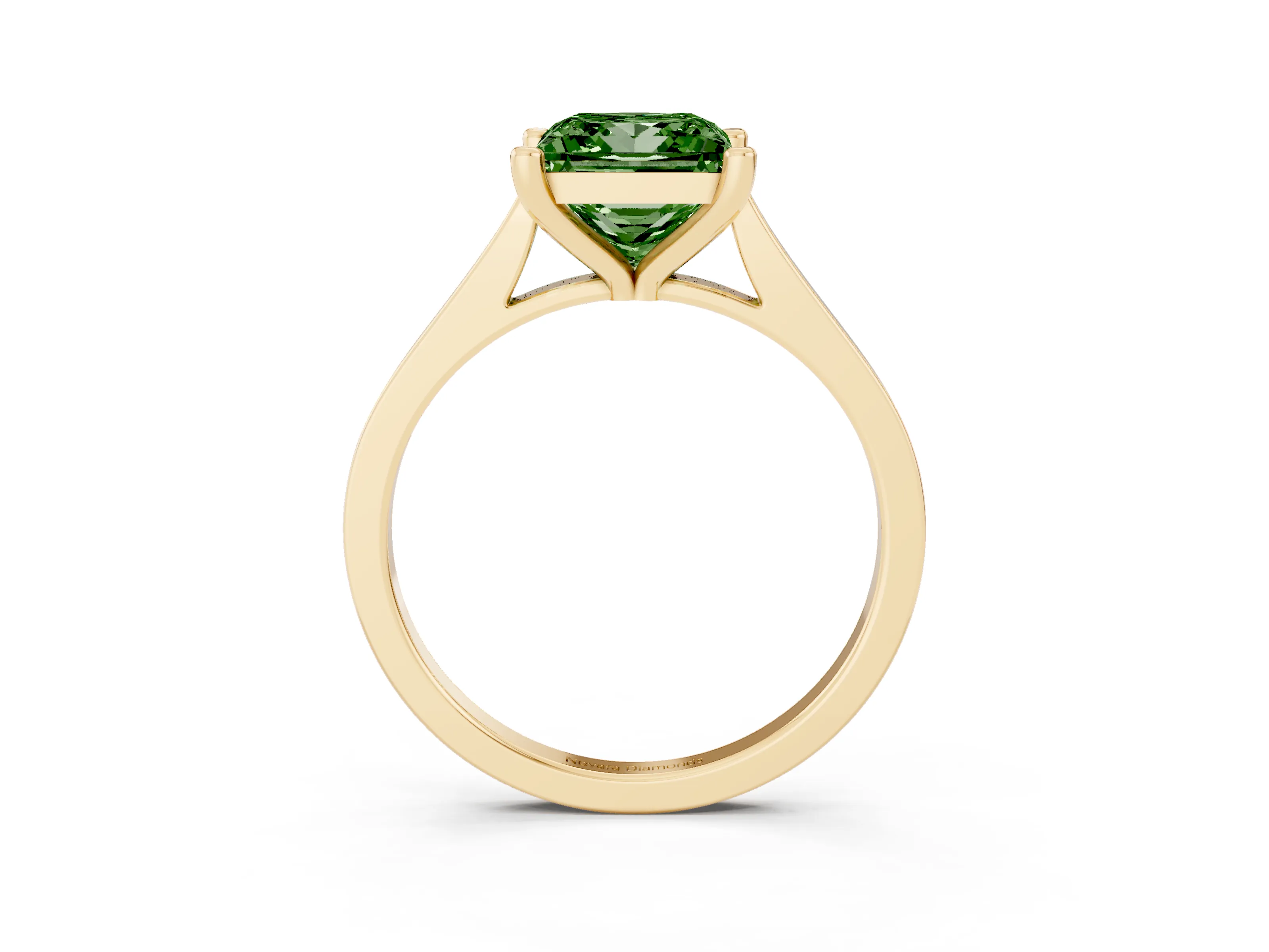 Fancy Green Princess Cut Diamond Solitaire Ring Set in Yellow gold with Prong Setting and Tapered Band