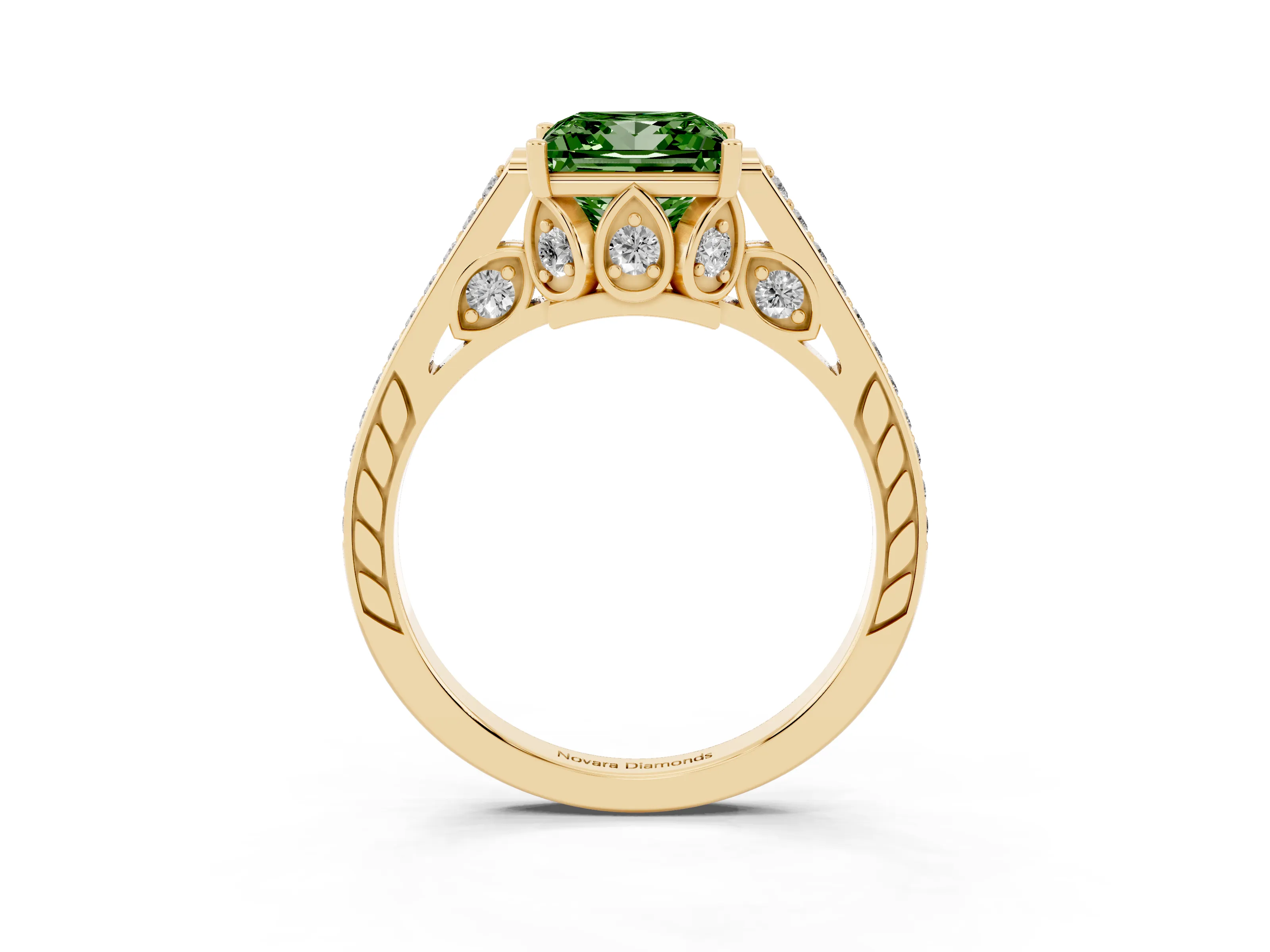 Fancy Green Princess Cut Diamond Cathedral Pavé Engagement Ring Set in Yellow gold with Prong Setting