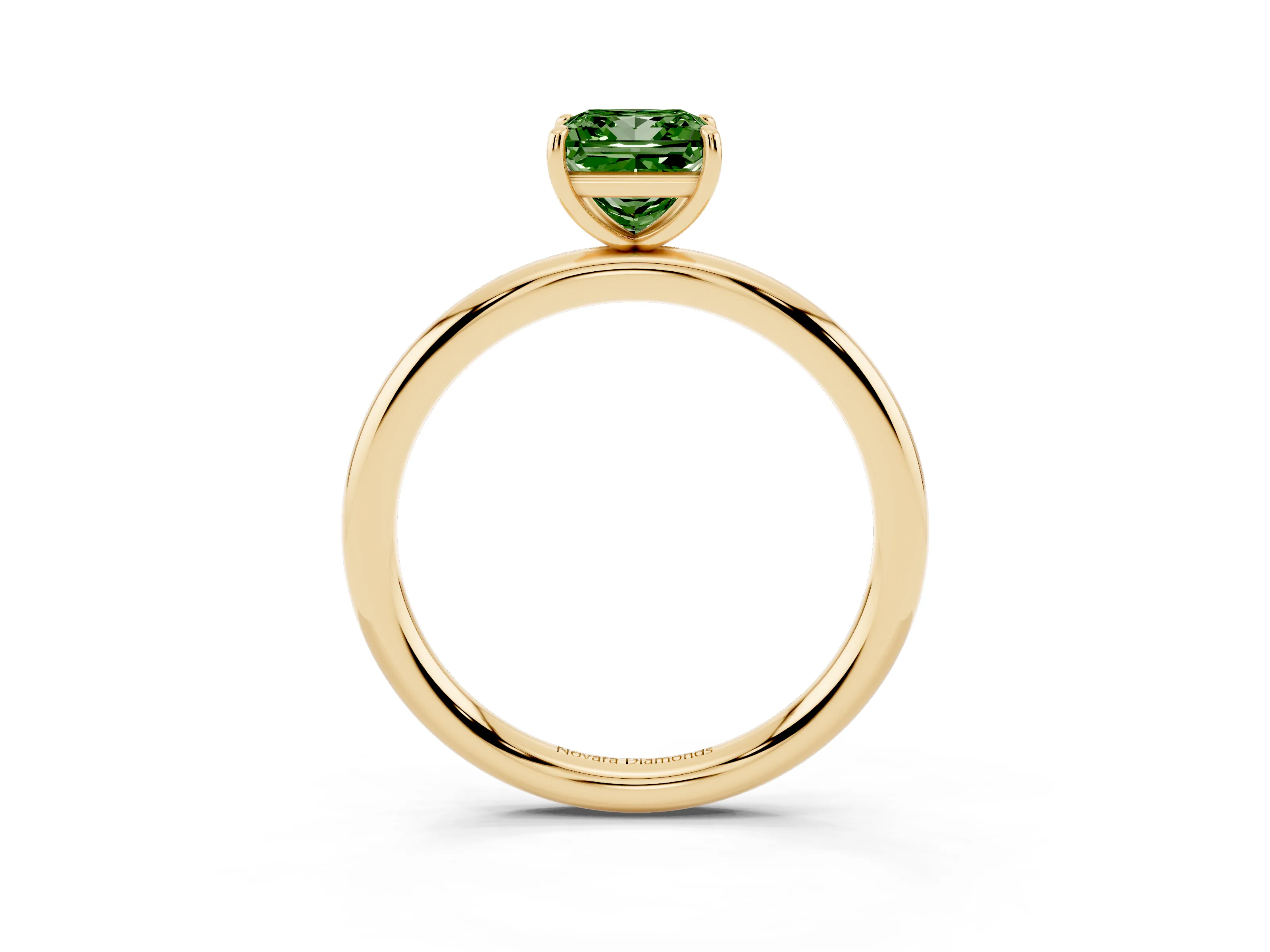 Fancy Green Princess Cut Diamond Solitaire Ring Set in Yellow gold with Prong Setting on a Polished Plain Band