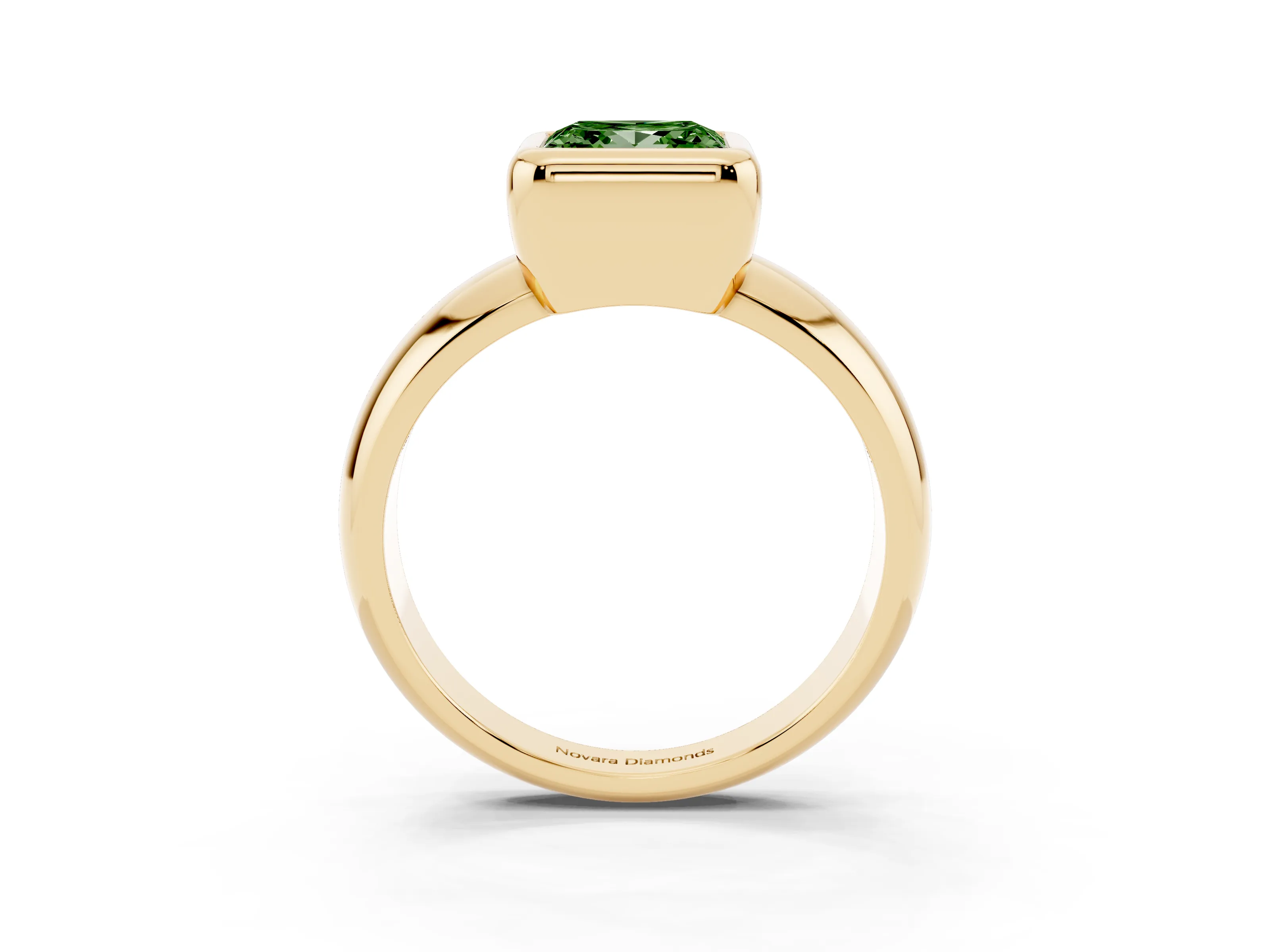 Fancy Green Bezel Set Princess Cut Diamond Solitaire Ring Set in Yellow gold with Wide Band