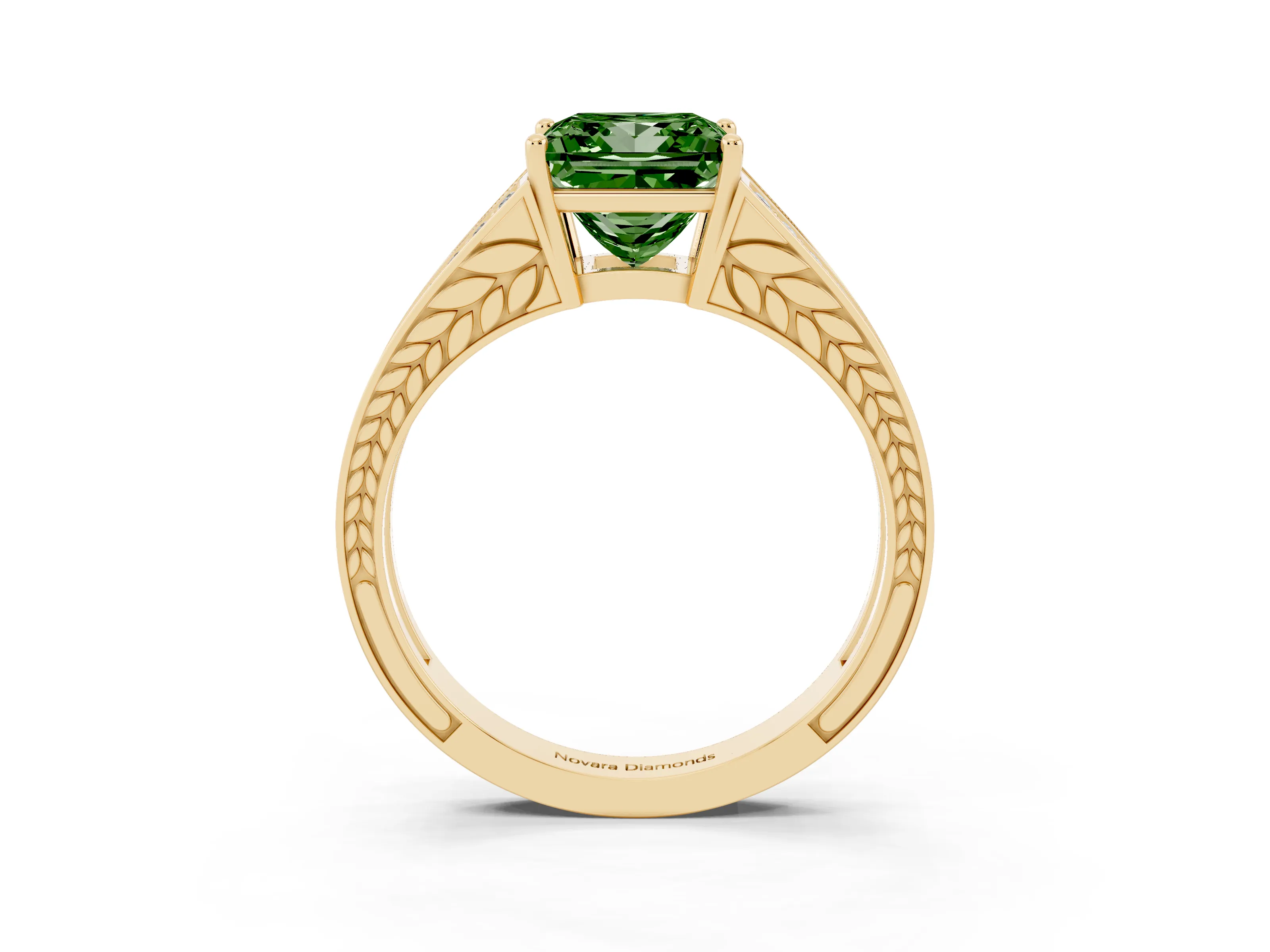 Fancy Green Princess Cut Diamond Split Shank Ring Set in Yellow gold with Pavé Band and Prong Setting
