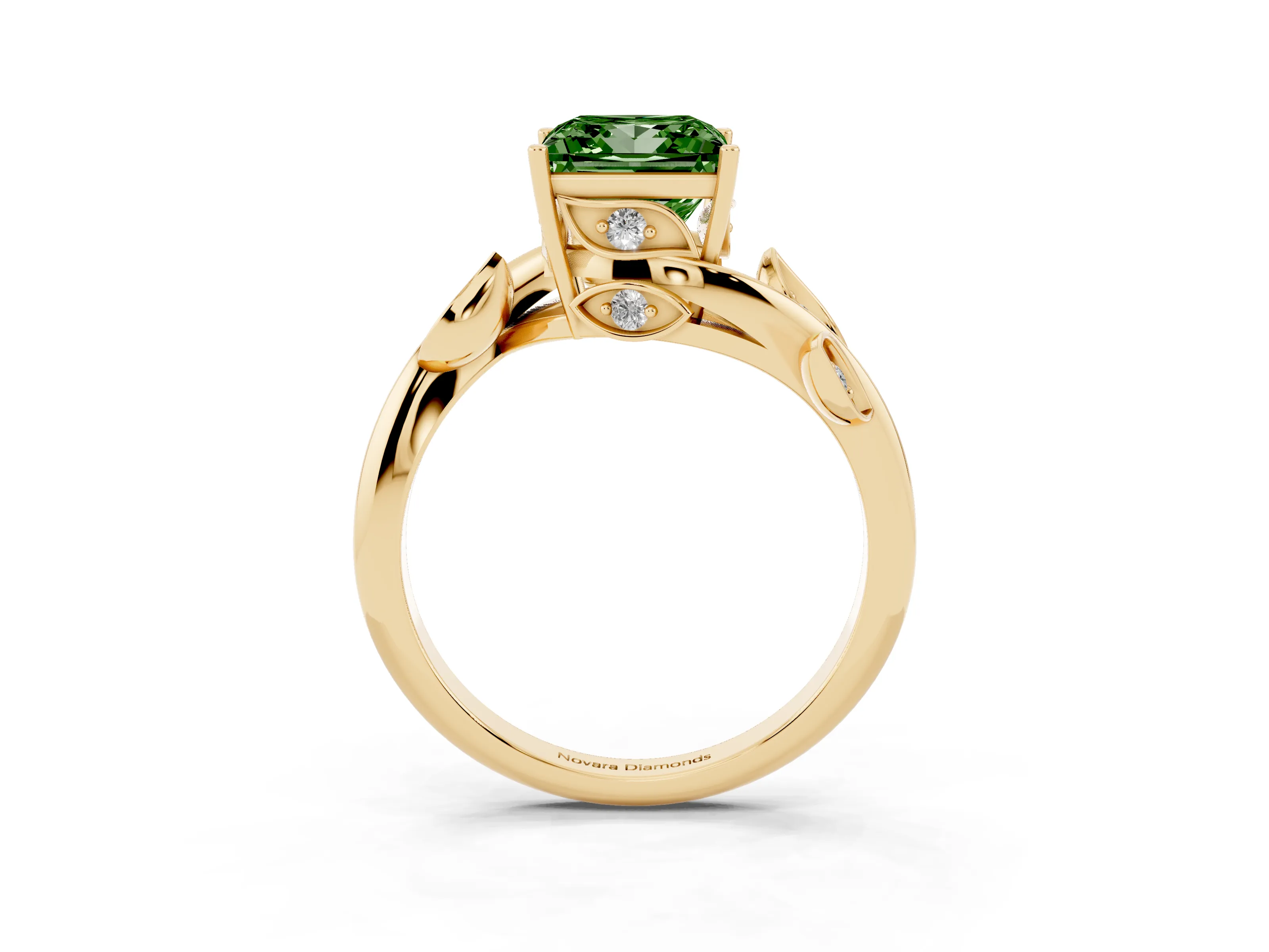 Fancy Green Princess Cut Diamond Solitaire Twist Engagement Ring Set in Yellow gold with Pavé Leaf Accents