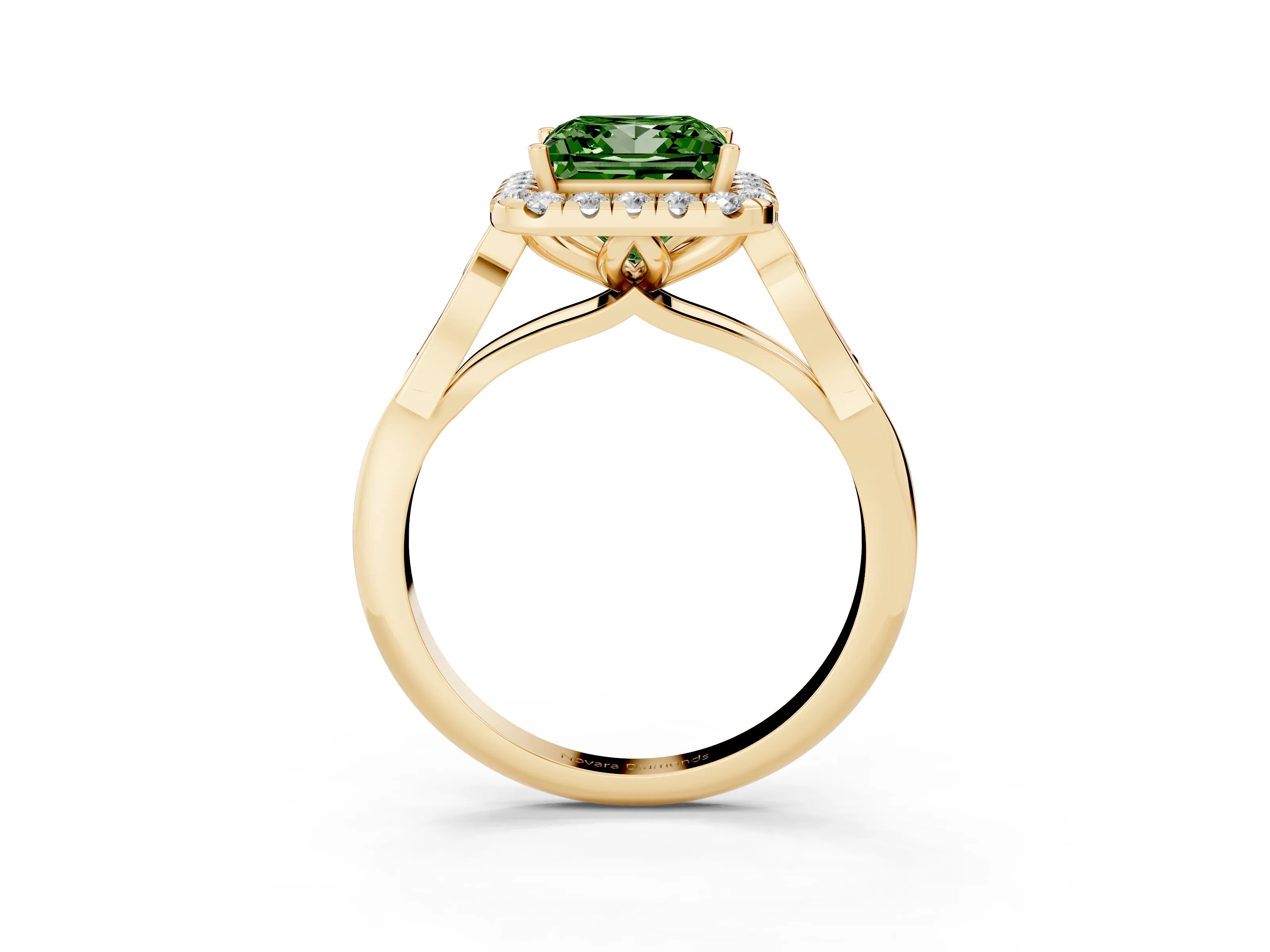 Fancy Green Princess Cut Diamond Halo Engagement Ring Set in Yellow gold with Filigree Band and Prong-Set Center
