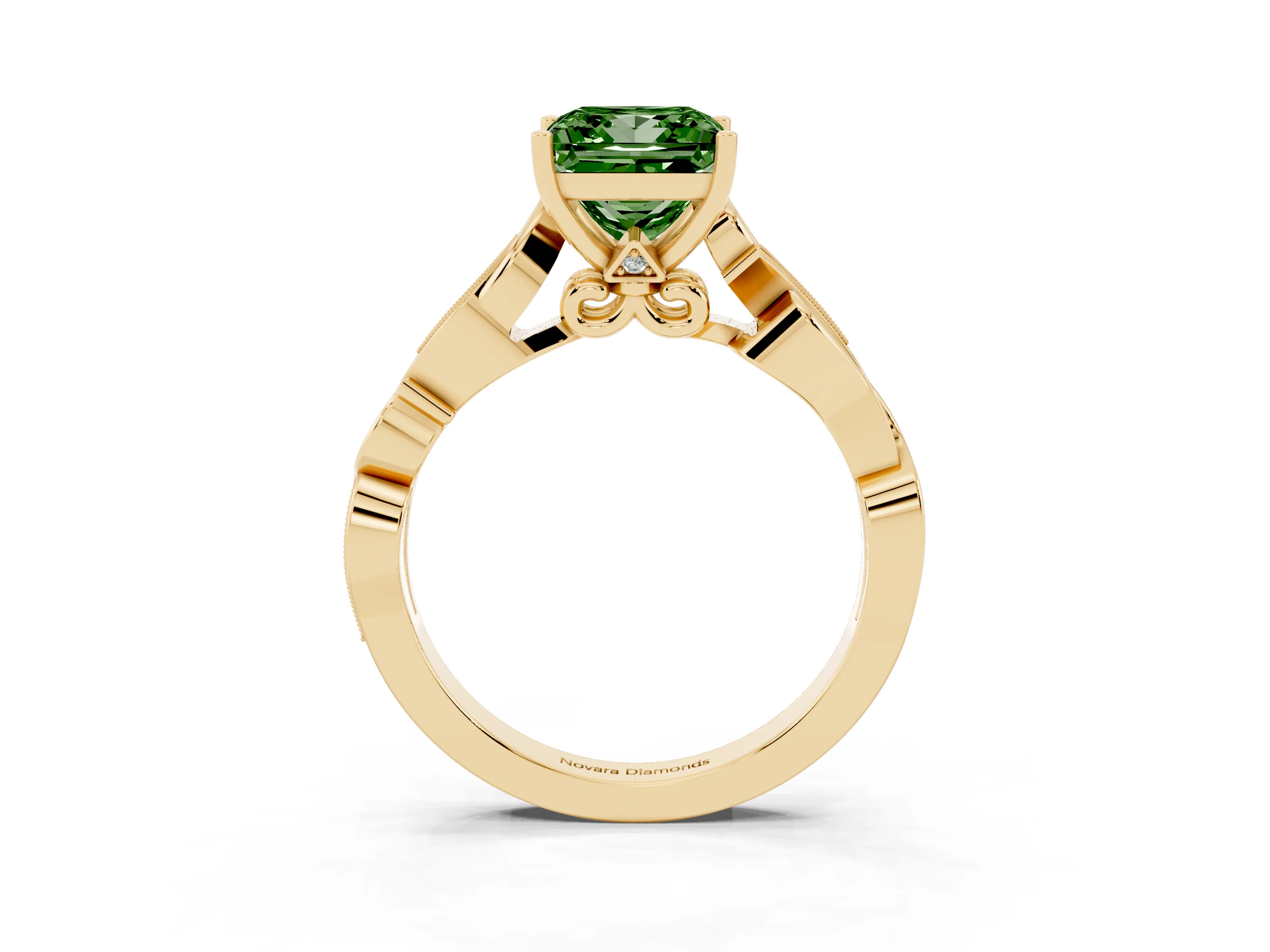 Fancy Green Princess Cut Diamond Vine Band Solitaire Ring Set in Yellow gold with Milgrain Prong Setting