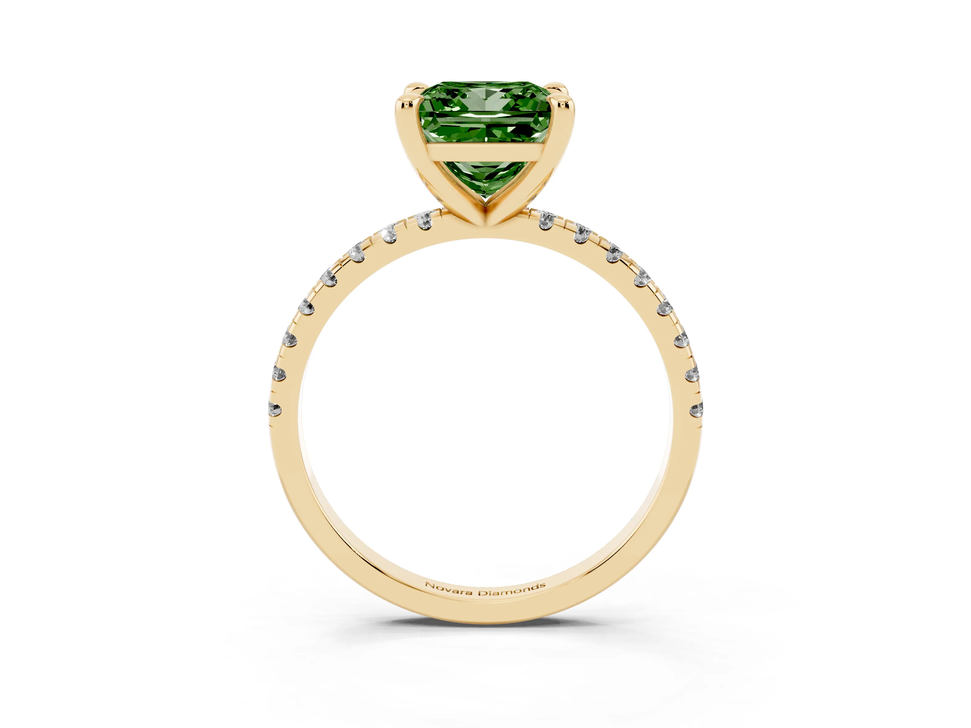 Fancy Green Princess Cut Diamond Brilliant Solitaire Ring Set in Yellow gold with Pavé Band and Prong Setting