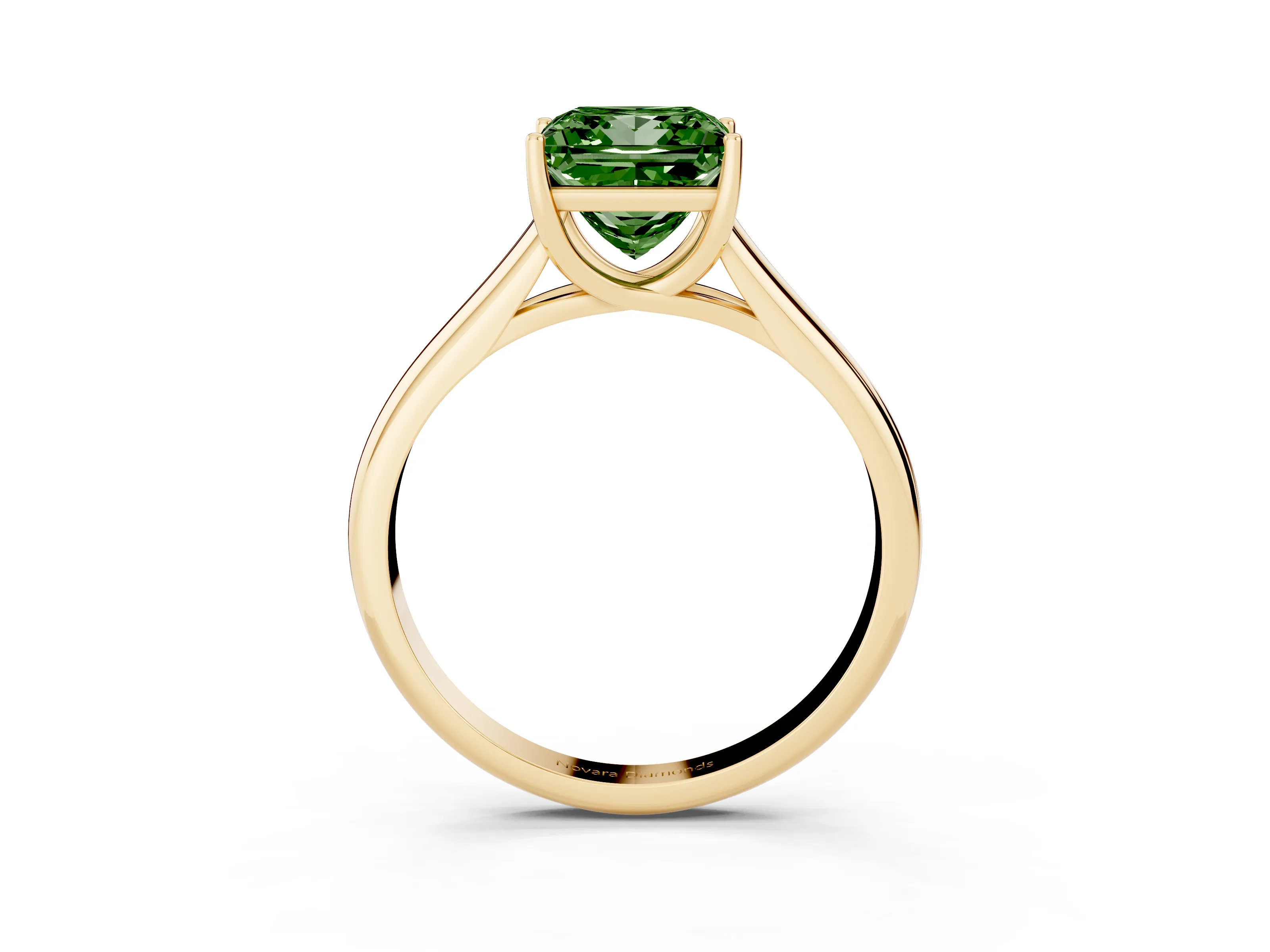 Fancy Green Princess Cut Diamond Solitaire Engagement Ring Set in Yellow gold with Subtly Tapered Band and Prong Setting