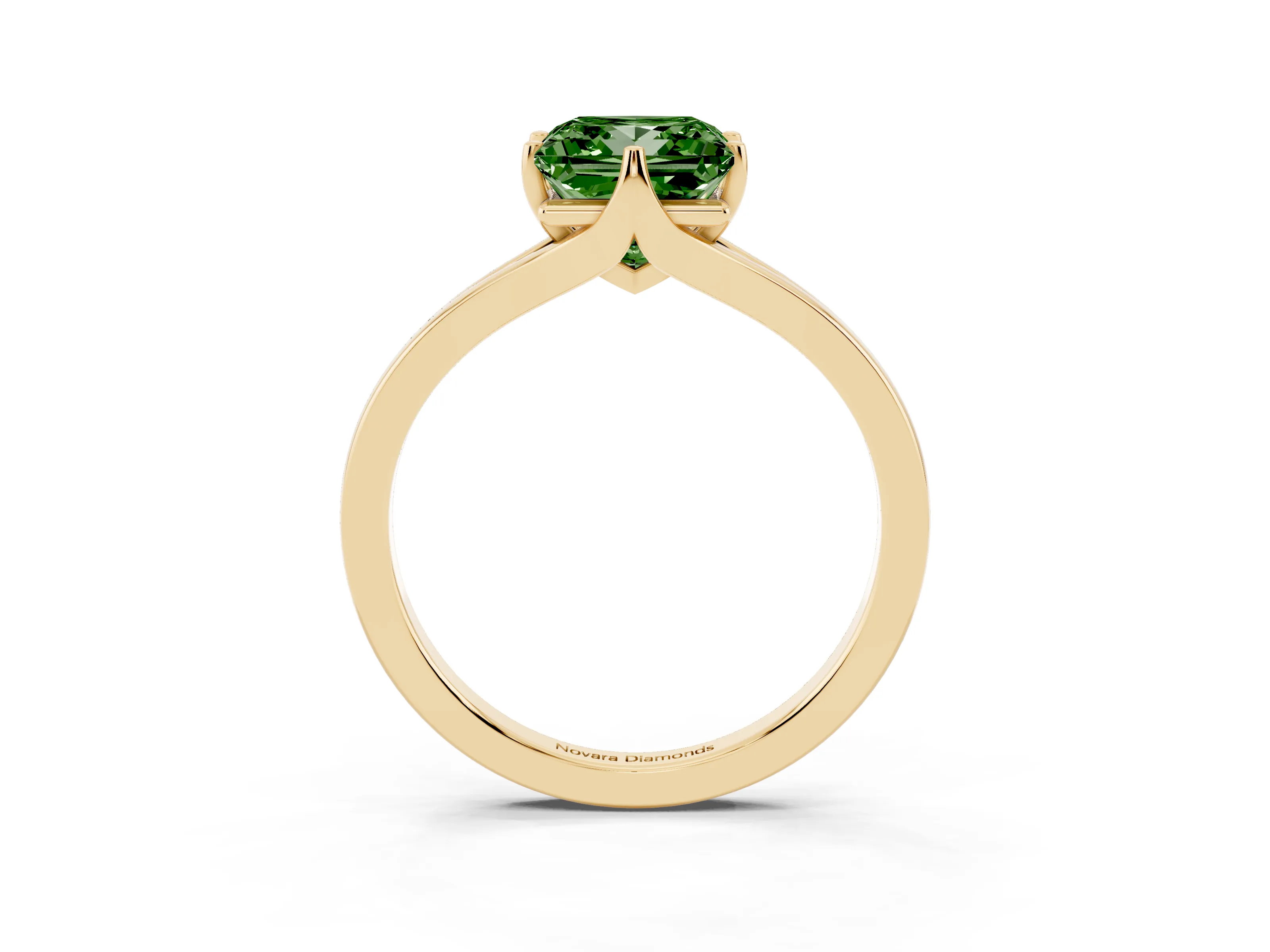 Fancy Green Princess Cut Diamond Solitaire Ring Set in Yellow gold with Polished Tapered Band and Prong Setting