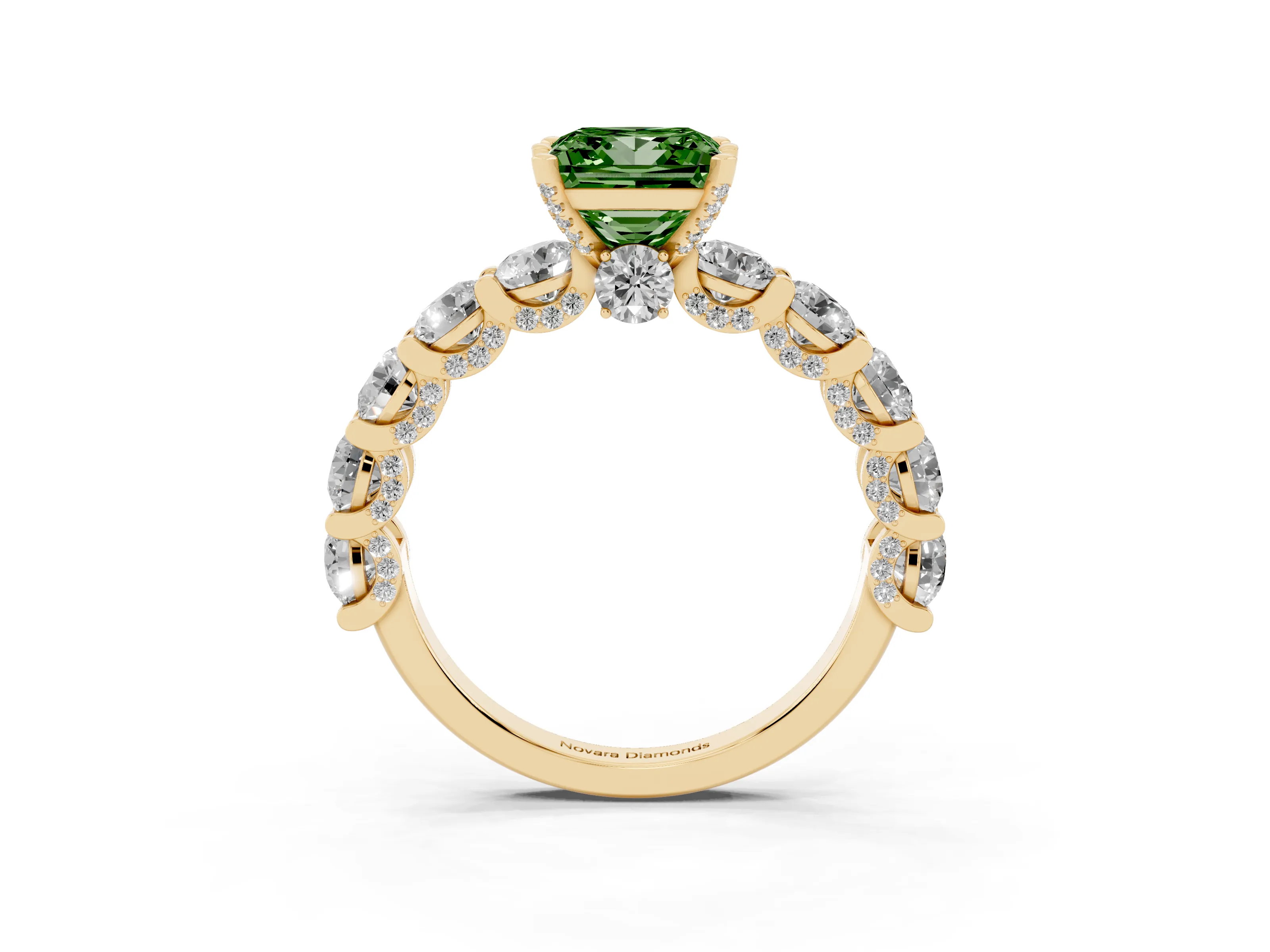 Fancy Green Princess Cut Diamond Side Stone Ring Set in Yellow gold with Alternating Round and Oval Side Stones
