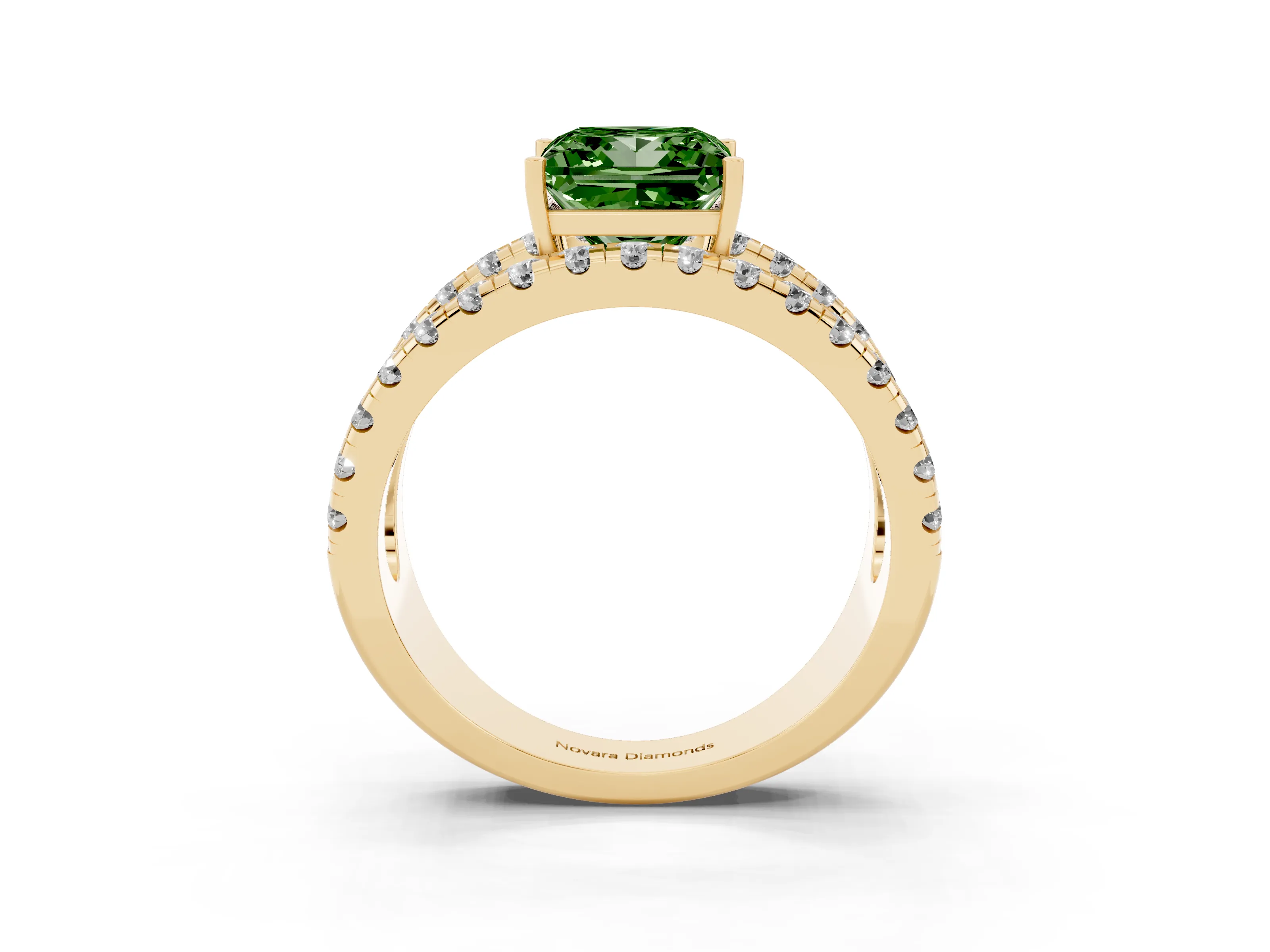 Fancy Green Princess Cut Diamond Split Shank Pavé Solitaire Ring Set in Yellow gold with Open Shank Design