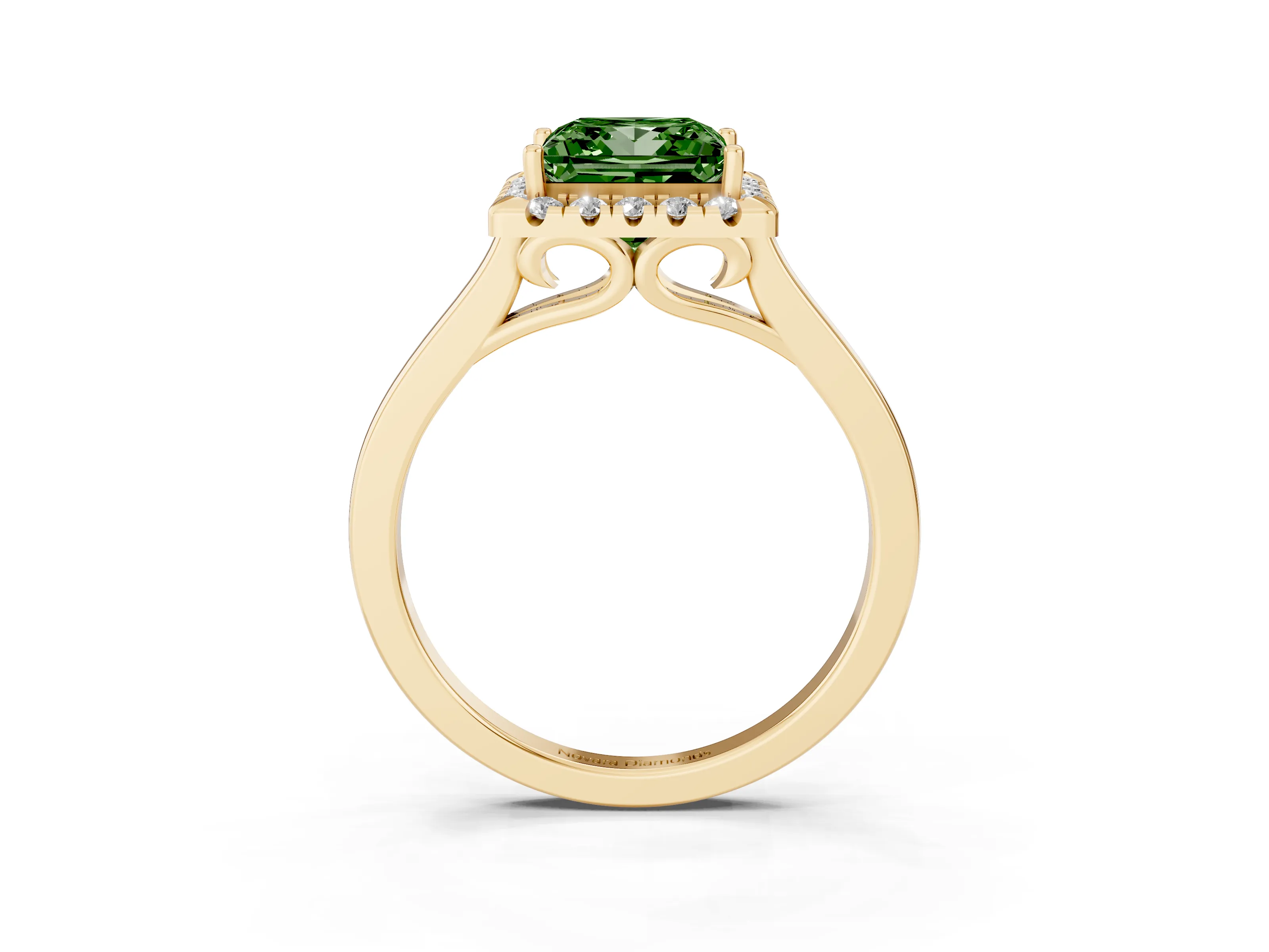 Fancy Green Princess Cut Halo Round Diamond Solitaire Ring Set in Yellow gold with Pavé Band and Prong Setting