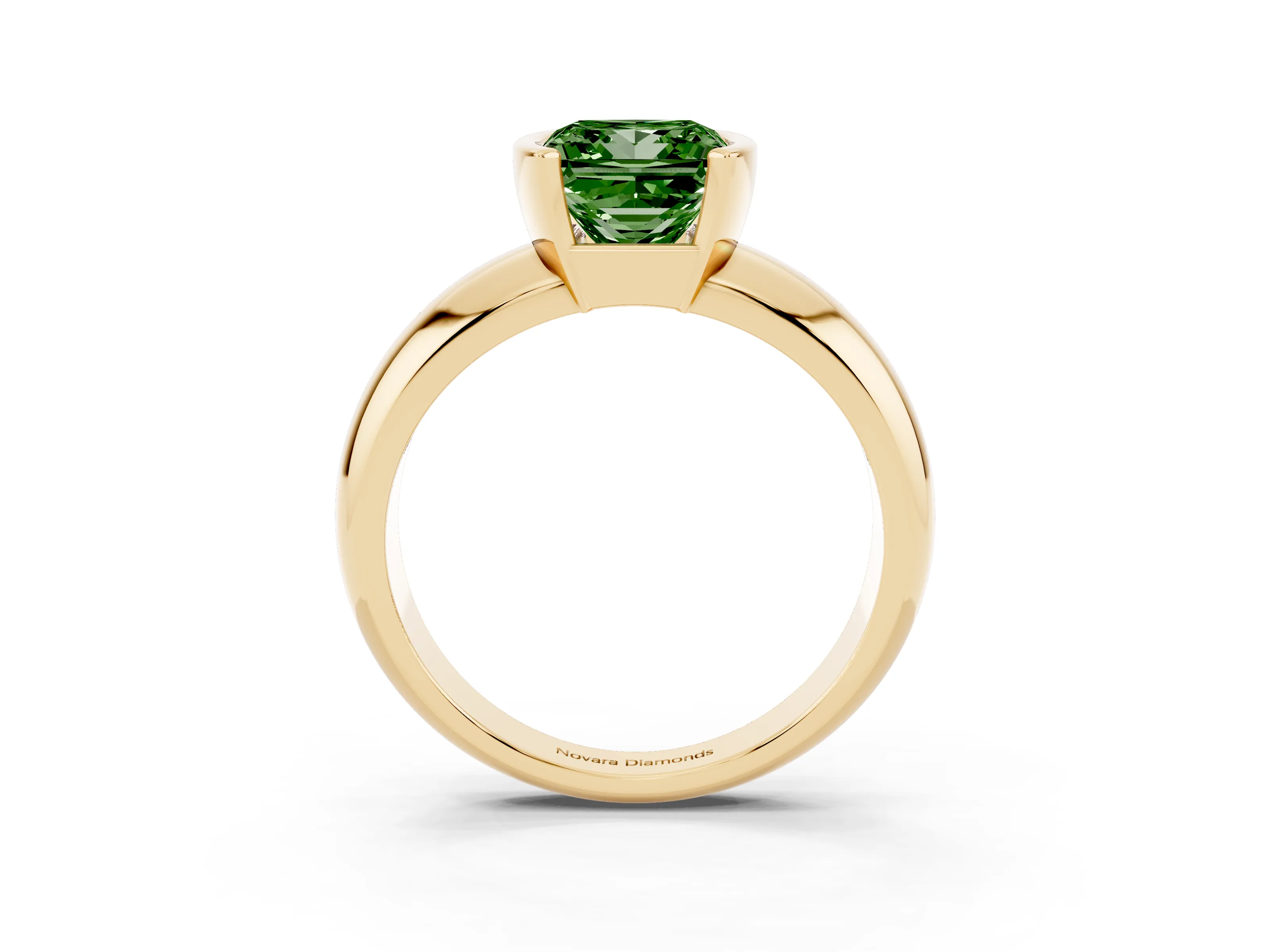 Fancy Green Princess Cut Diamond Solitaire Tension Set Ring Set in Yellow gold with Wide Band