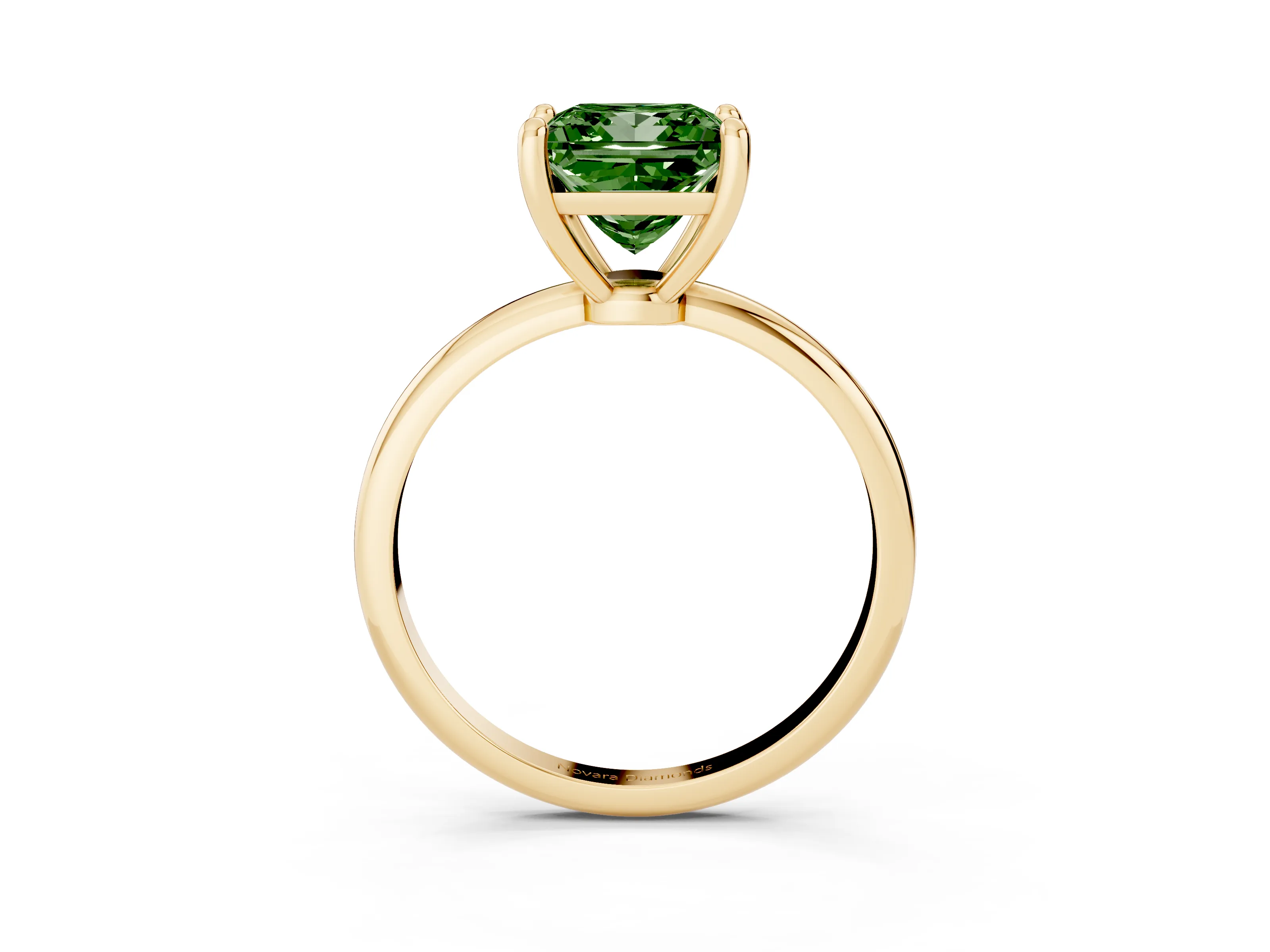 Fancy Green Princess Cut Diamond Solitaire Ring Set in Yellow gold with Secure Prong Setting on a Classic Band