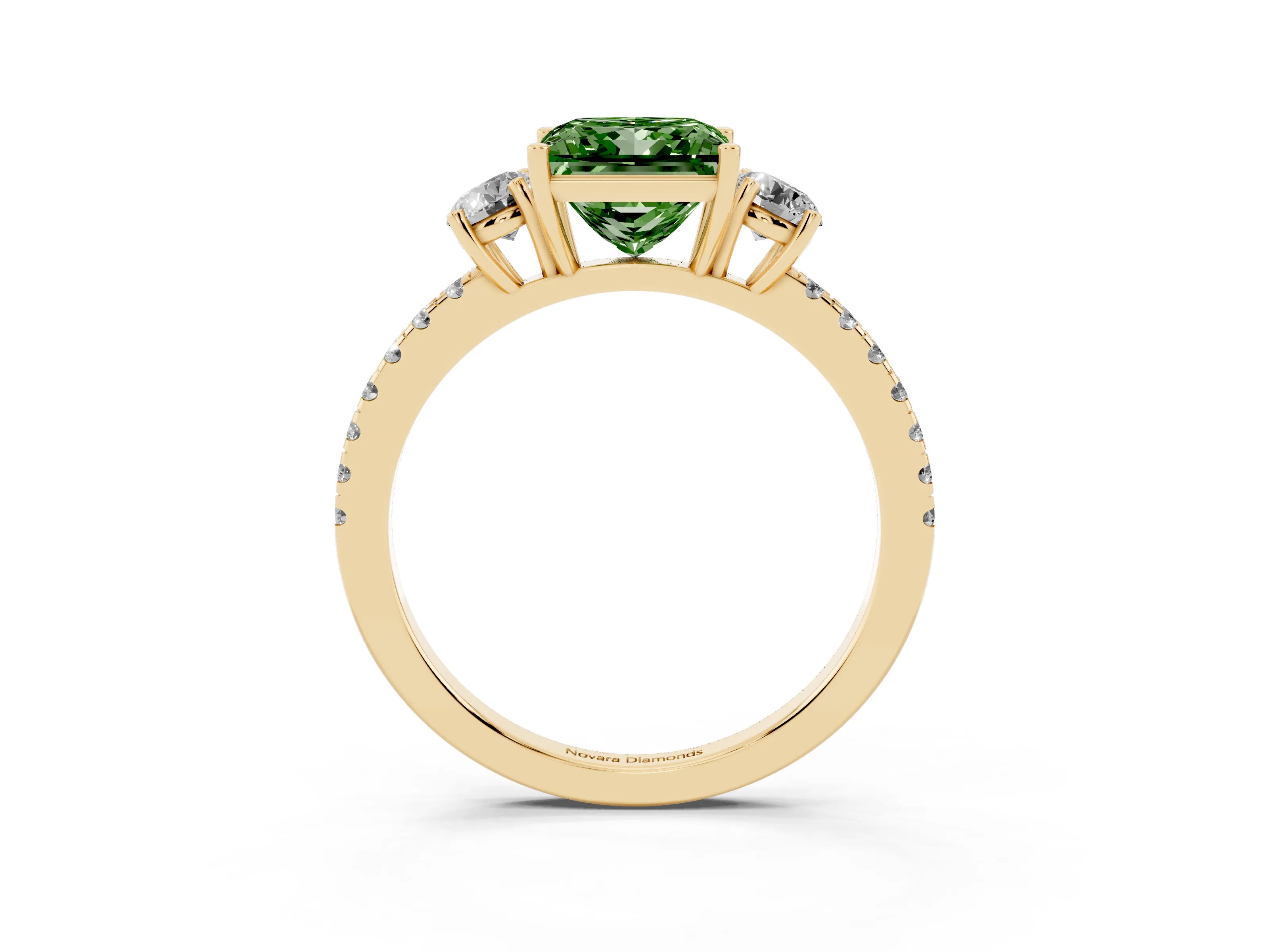 Fancy Green Princess Cut Diamond Three-Stone Ring Set in Yellow gold with Pavé Band and Graduated Sides